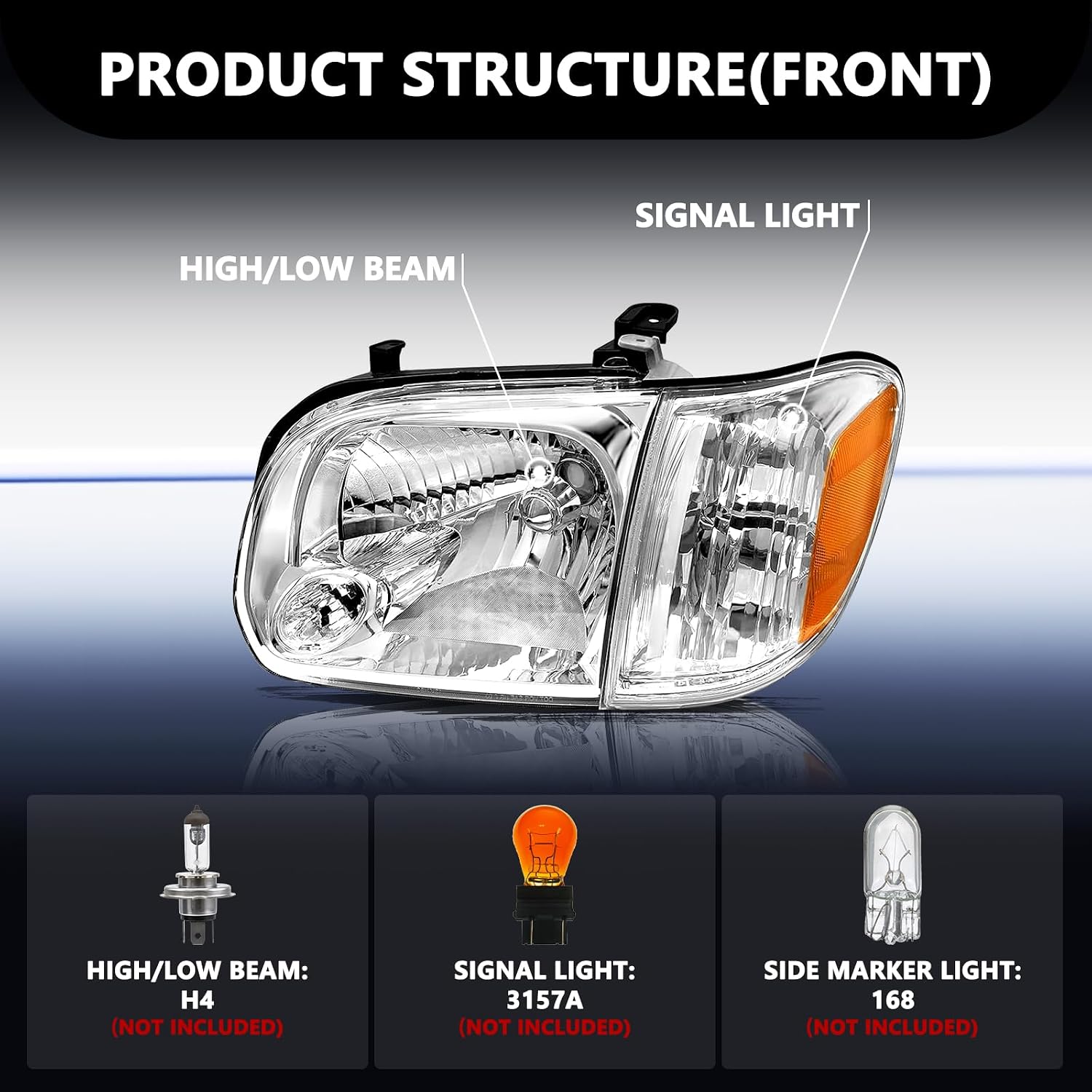 Aosky Headlight Assembly Fit for 2005 2006 Toyota Tundra Double/Crew Cab and 05-07 Sequoia, Chrome & Amber Reflector Driver and Passenger Side Headlamp (Not for Regular Cab/Access Cab)