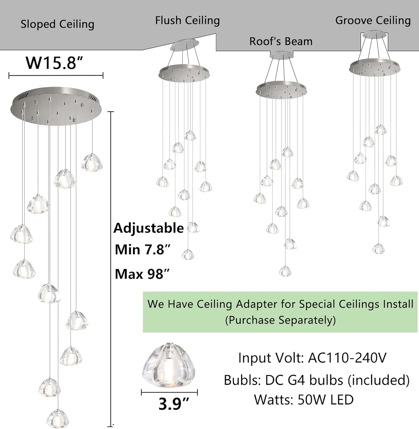 Glam Chandelier with LED Dimmable Bulbs Bubble Crystal Balls Glam Chandeliers High Ceiling Pendants Light Fixtures Adjustable Long Lights Brushed Nickel
