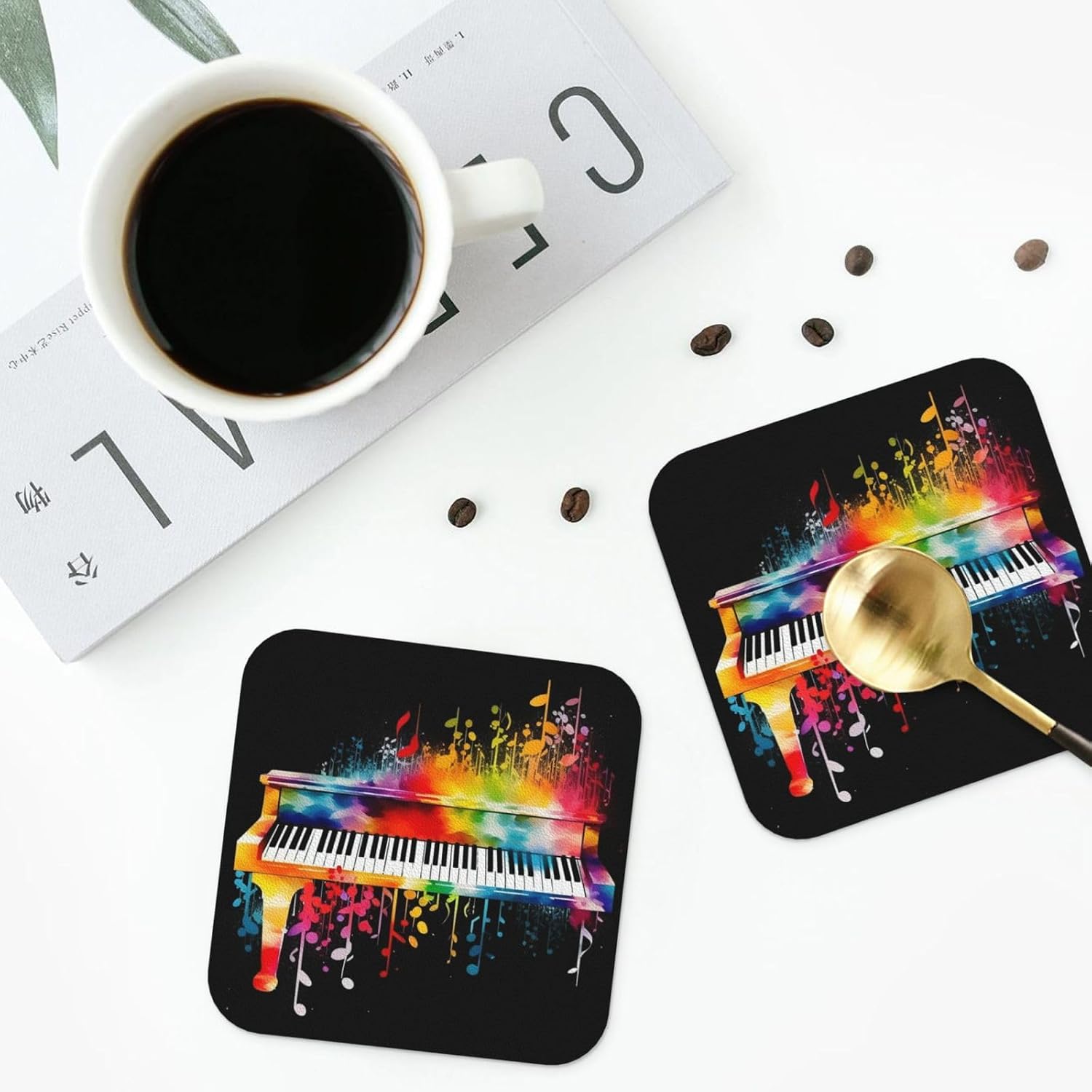 Leather Coasters Set of 4 Colorful Piano Keyboard Music Note Drink Coaster Heat Resistant Coasters for Drinks Car Coaster Coffee Mat Absorbent Cup Pad for Kitchen Office Home Decoration image 2