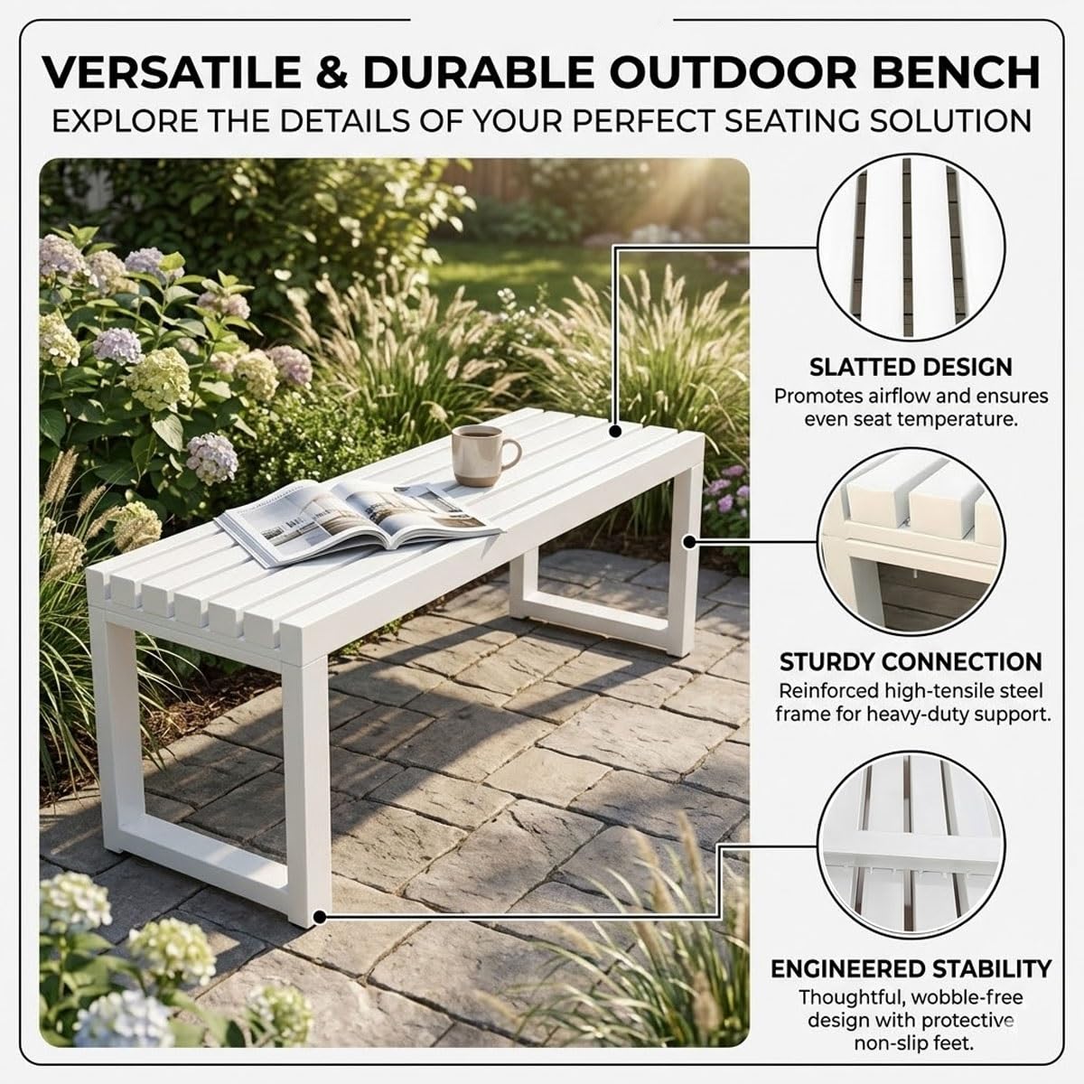 Banco de jardín de metal resistente a la intemperie de 1 m, asiento de comedor sin respaldo para 2, capacidad de 880 libras, diseño de listones para porche, patio, terraza, piel blanca para exteriores