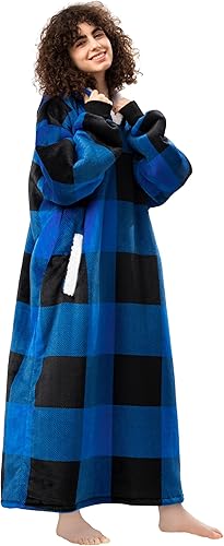 HBlife - Manta larga de gran tamaño con capucha para adulto. Manta gruesa de sherpa con mangas elásticas y bolsillos gigantes, súper cálida y