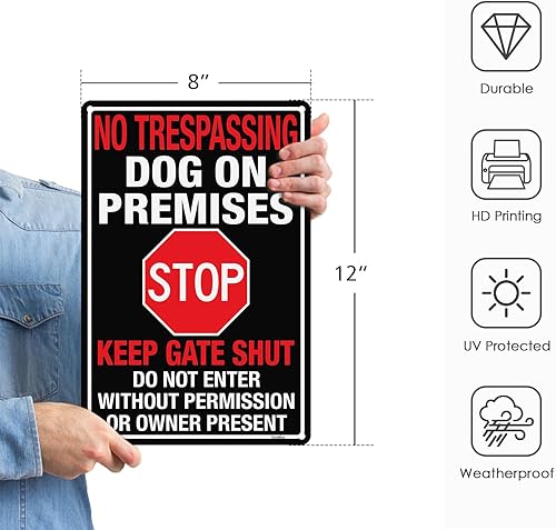 Vista 2 de GicnKeuz Letrero de "No Trespassing Dog On Premises", 12 x 8 pulgadas, letrero de aluminio con texto en inglés "Beware Of Dog" para valla, no entre