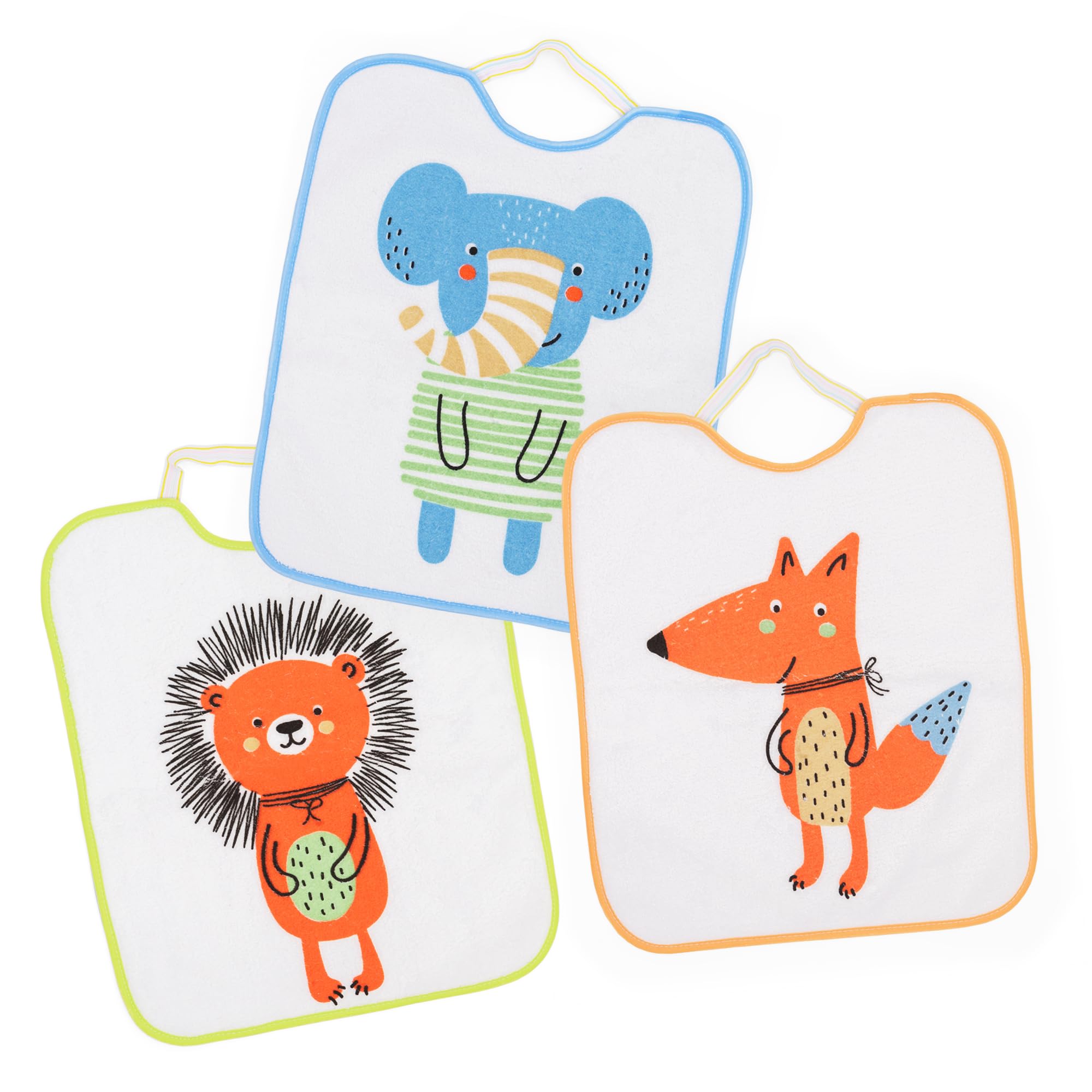 Ti TIN Pack de 3 Baberos Impermeables estampados con Cuello Elástico - Extra Suaves y Absorbentes - Baberos de Microfibra con Forro Impermeable Apto para Secadora - Para Bebés +12 Meses y Guardería