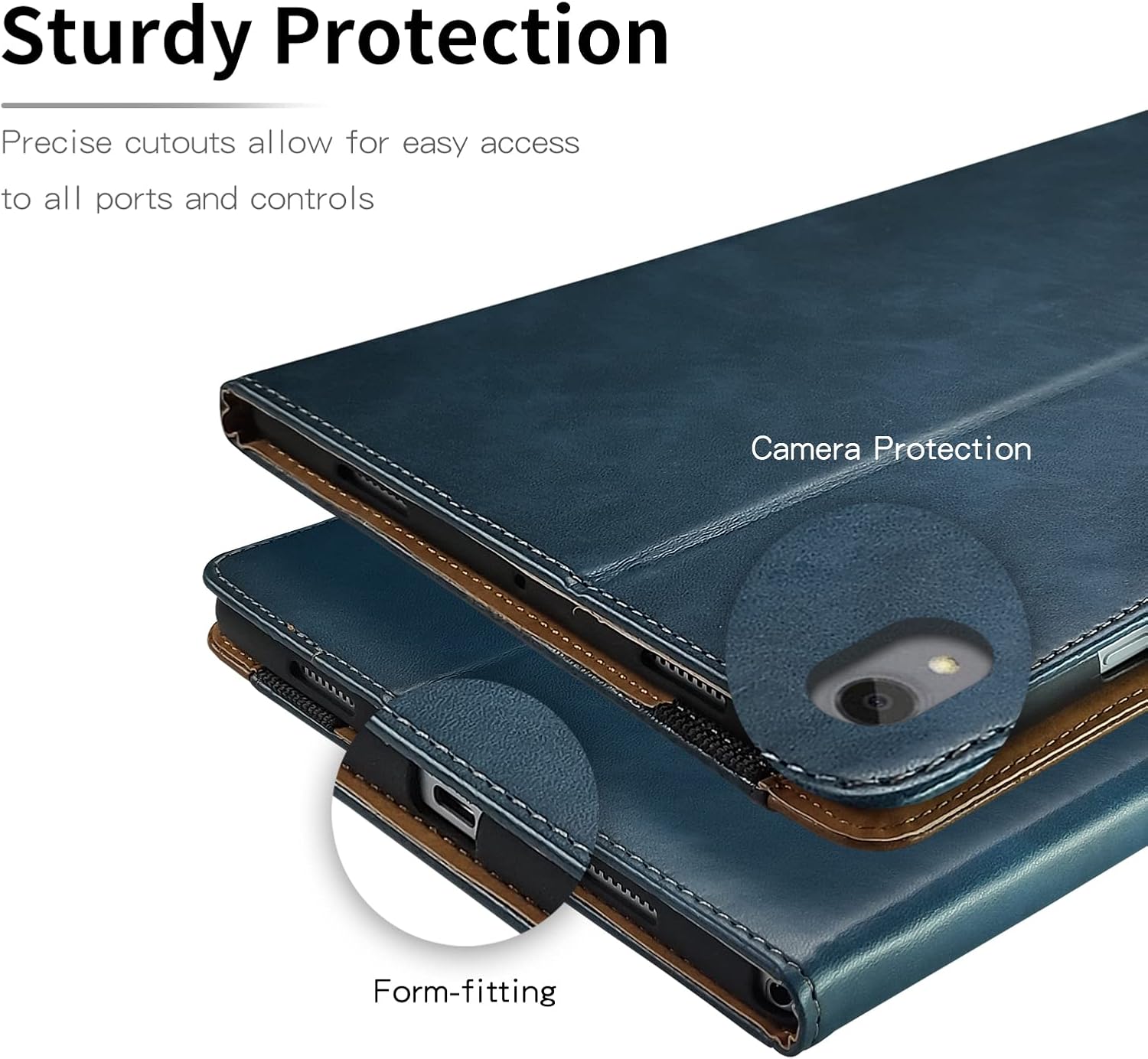 Close-up of the tablet case showing precise cutouts for camera and ports, highlighting form-fitting design.