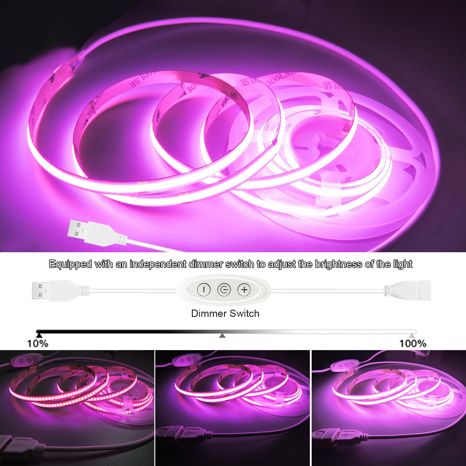 Tira LED rosa USB 5V 5m pequeña tira de luz COB regulable con regulador de intensidad USB para dormitorio, configuración de juegos, manualidades, retroiluminación