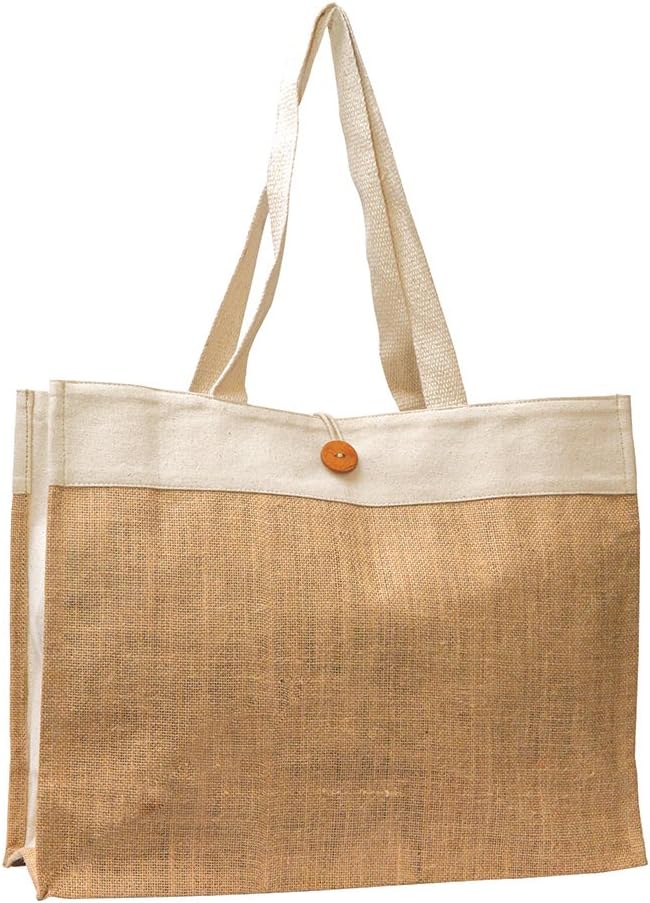 Large Jute and Cotton bag with Button closure and Long Cotton Webbed handles Color Natural Size 18"W x14"H x 6"Gusset - CarryGreen Bag