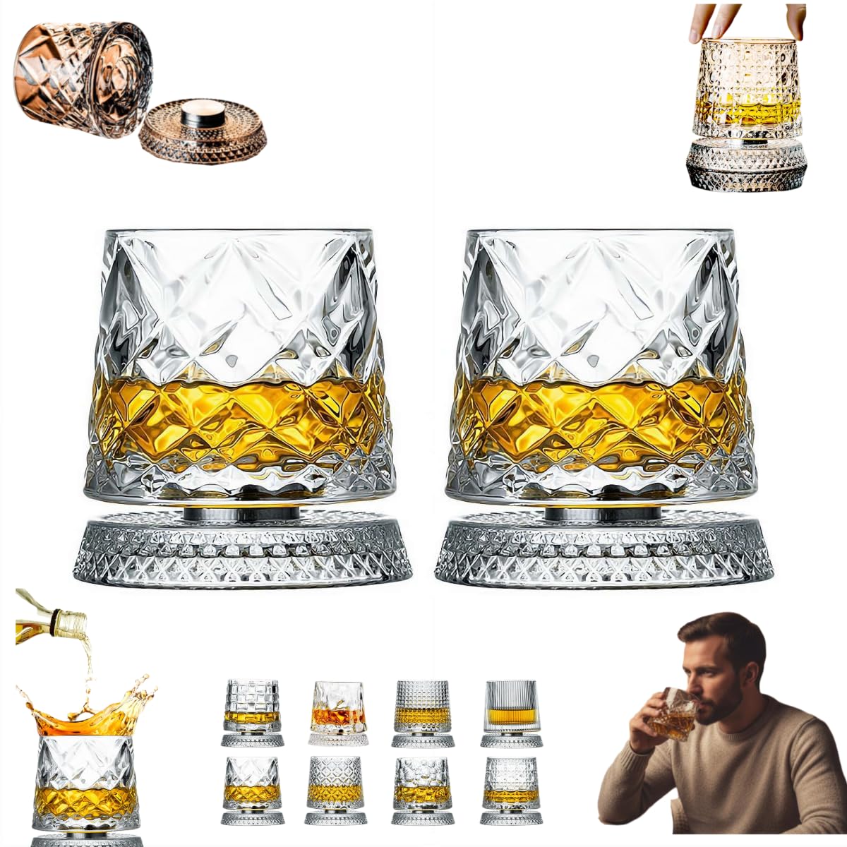 360 Degree Rotating Whiskey Glass, 2 Pack Rotating Crystal Whiskeys Tumbler Glass, Spinning Cocktail Glasses with Stable Decoupled Base, Unique Whiskey Gifts for Men Husband Father (Clear A)