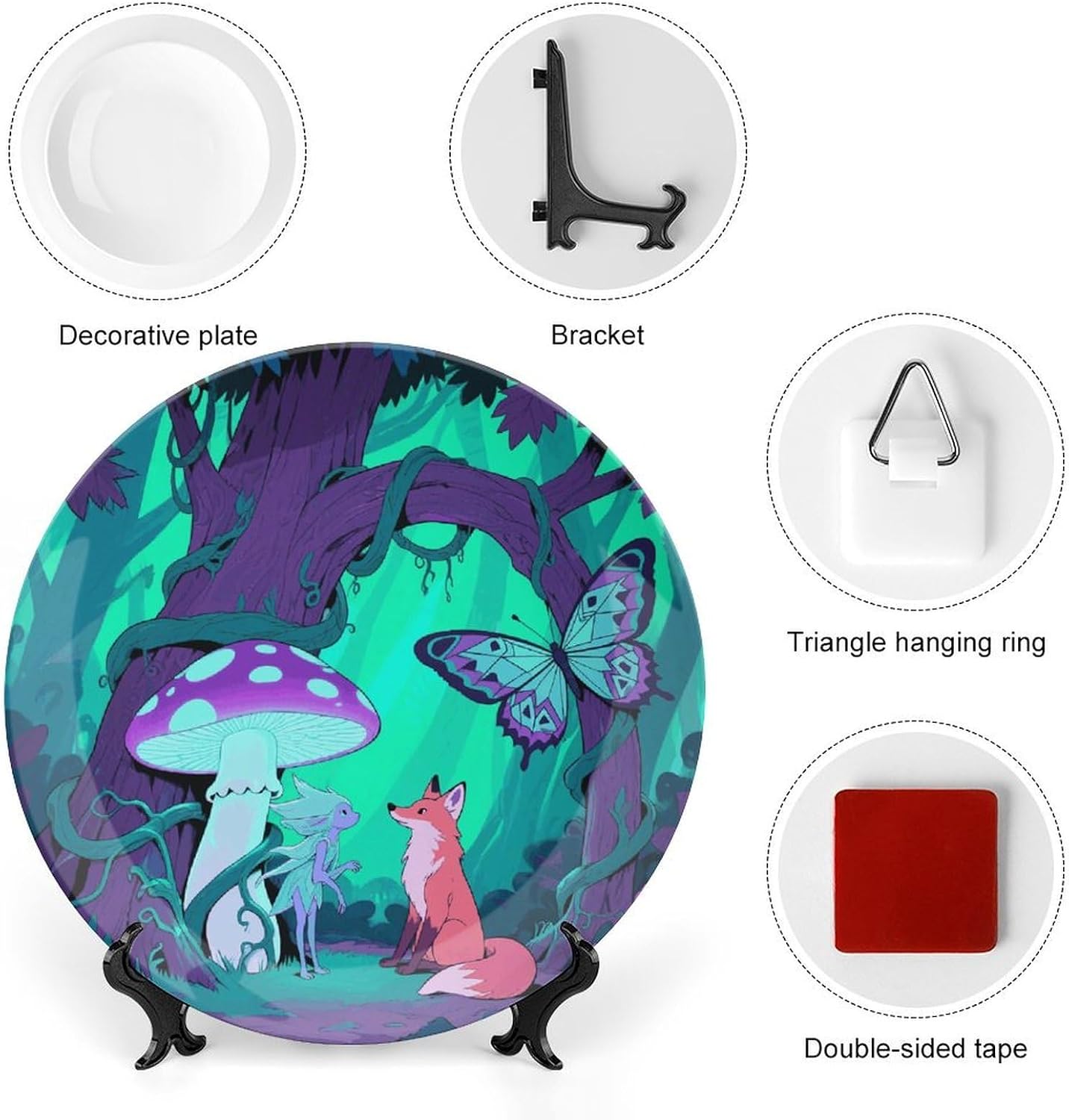 Dark Night Fox And Elves Decorative Plates Bone China Plates with Stand for Display 8inch Round Ceramic Dinner Plates Dessert Plate for Kitchen Party Coffee Table Decor Art