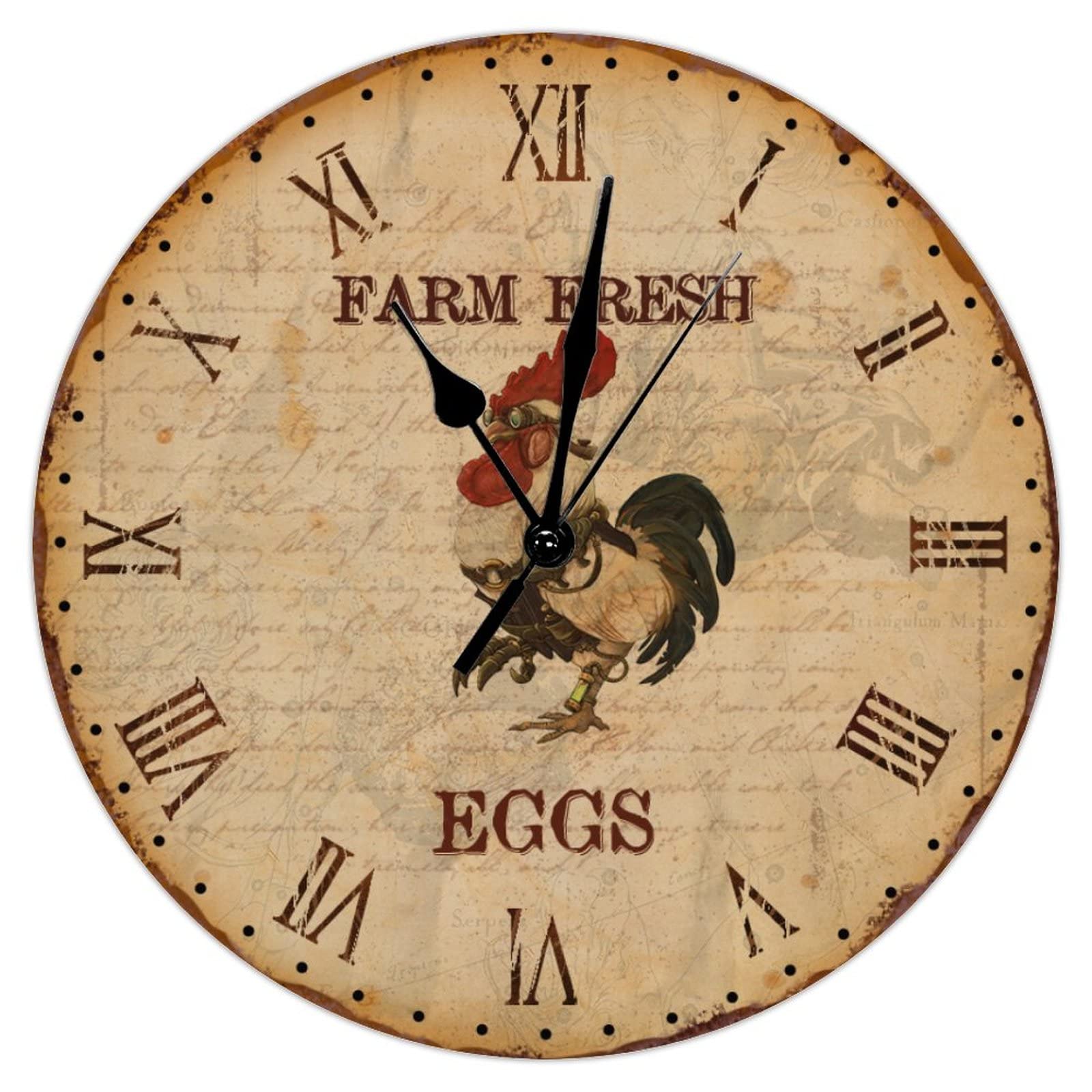 Horloge murale rustique en bois de 38cm au motif de coq et œufs