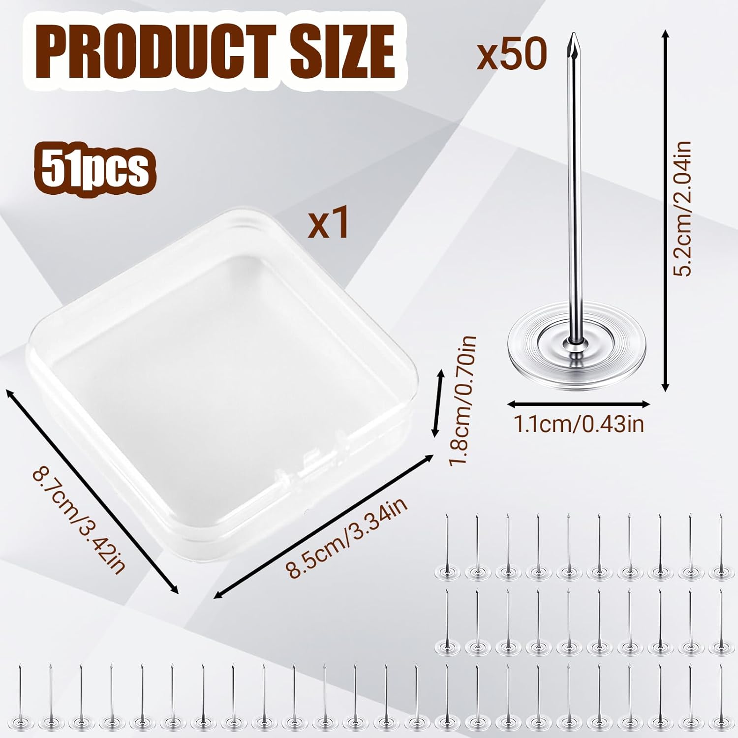 50 PCS Long Upholstery Nails Tacks - Silver Push Pins and Thumb Tacks with Plastic Box, Extra Long Push Pins Flat Head Furniture Nails, Heavy Duty Decorative Push Pin for Furniture Sofa Headboard
