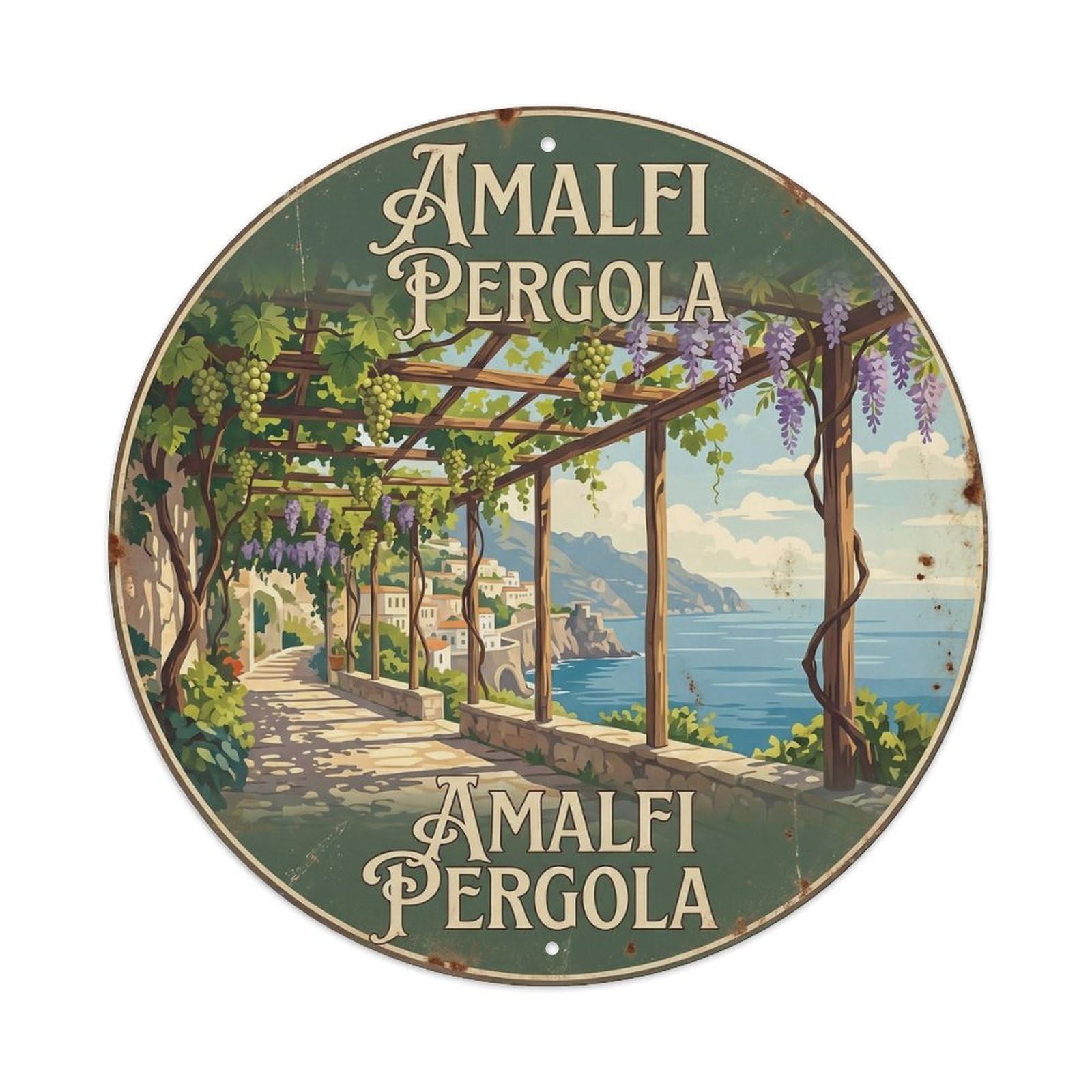 Vintage Travel Amalfi Coast Pergola Garden Seaside Landscape Metal Tin Sign Plaque Wall Decor for Cafe, Man Cave, Club Bar, Office, Home Garden Round Metal Poster 8x8Inch