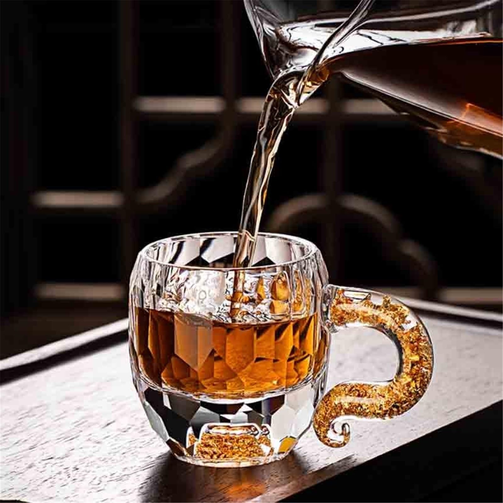 vaso de agua Tazas de té y café vidrio pequeñas con textura diamante, 60 ml(Gold)