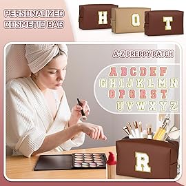 TOPEAST Preppy Patch Makeup Bag, Chenille Letter Pouch Cosmetic Bag, PU Leather Waterproof Toiletry Bag, Personalized Birthday Gift for Women Girl, Cute Stuff for Girls (Brown B)