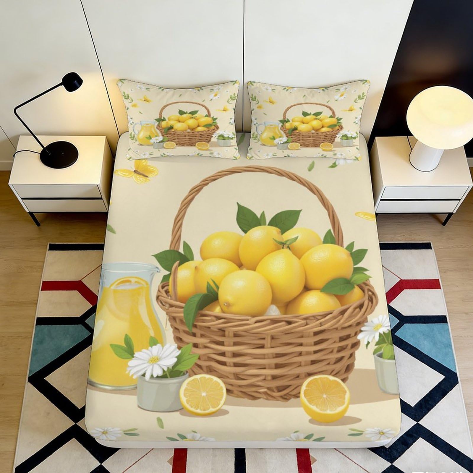 3D Printed Lemon Basket Fitted Sheet Microfiber Soft Breathable Citrus Fruit Bed Cover for Bedroom Dormitory Guest Room Mattress Protection Decor 140x200x25cm
