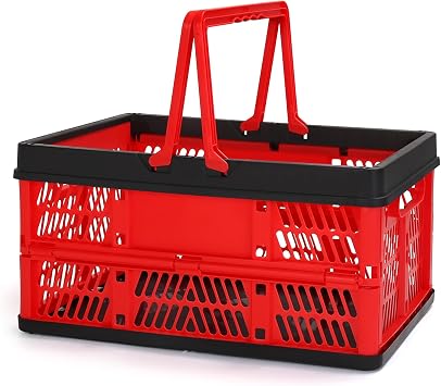 Plastic Storage Crate, Collapsible Crate for Storage Stacking Folding Storage Basket, Collapsible Shopping Basket,Car Storage Basket, Milk Crate with Handles for Kitchen, Bathroom, 20L Red