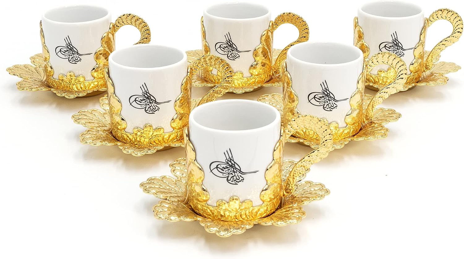 Modefa Turkish Luxury 6 Piece Coffee Cup Set | Premium Porcelain | Ottoman Style with Dervish & Tughra Artwork (Gold - Tughra)