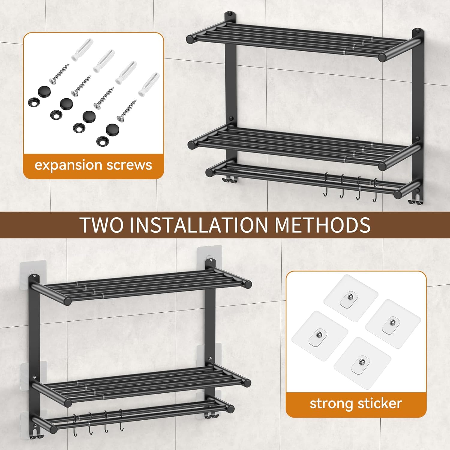 Adjustable 16.9–28" Matte Black Towel Rack for Bathroom SUS304 Stainless Steel 2-Tier Shelf with Extended Bar & 4 Sliding Hooks, Adhesive or Screw Mount, Bathroom/Over-Toilet Organizer - Image 2