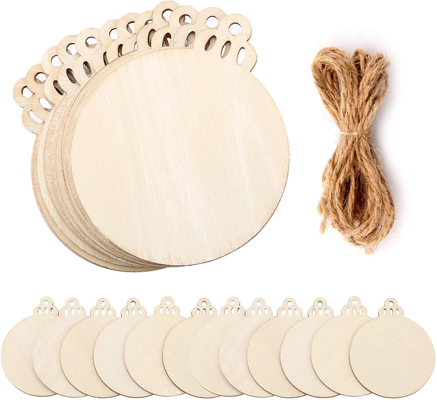 SAVITA 20Pcs Paintable Natural Ball Wood Slices, Round Wooden Discs Blank Pieces Christmas Hanging Ornaments with Twine Ropes for DIY Embellishments Crafts Christmas Ornaments Holiday Decorations