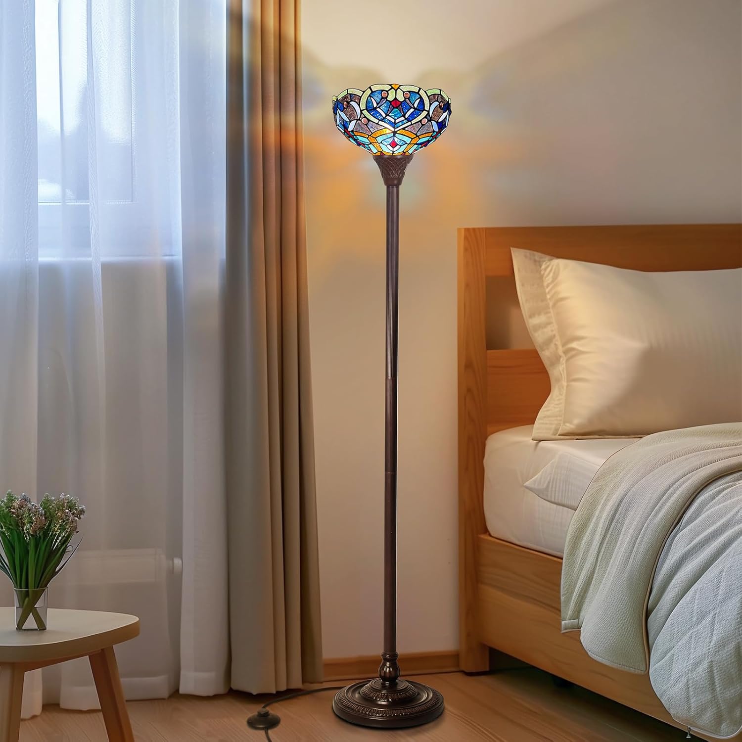 Capulina Tiffany Lamp Stained Glass Torchiere Floor Lamp 70 Inches Tall Industrial Dark Bronze Pole Multi Color Flower Tiffany Style Torchiere Standing Lamp for Living Room Bedroom Home Office