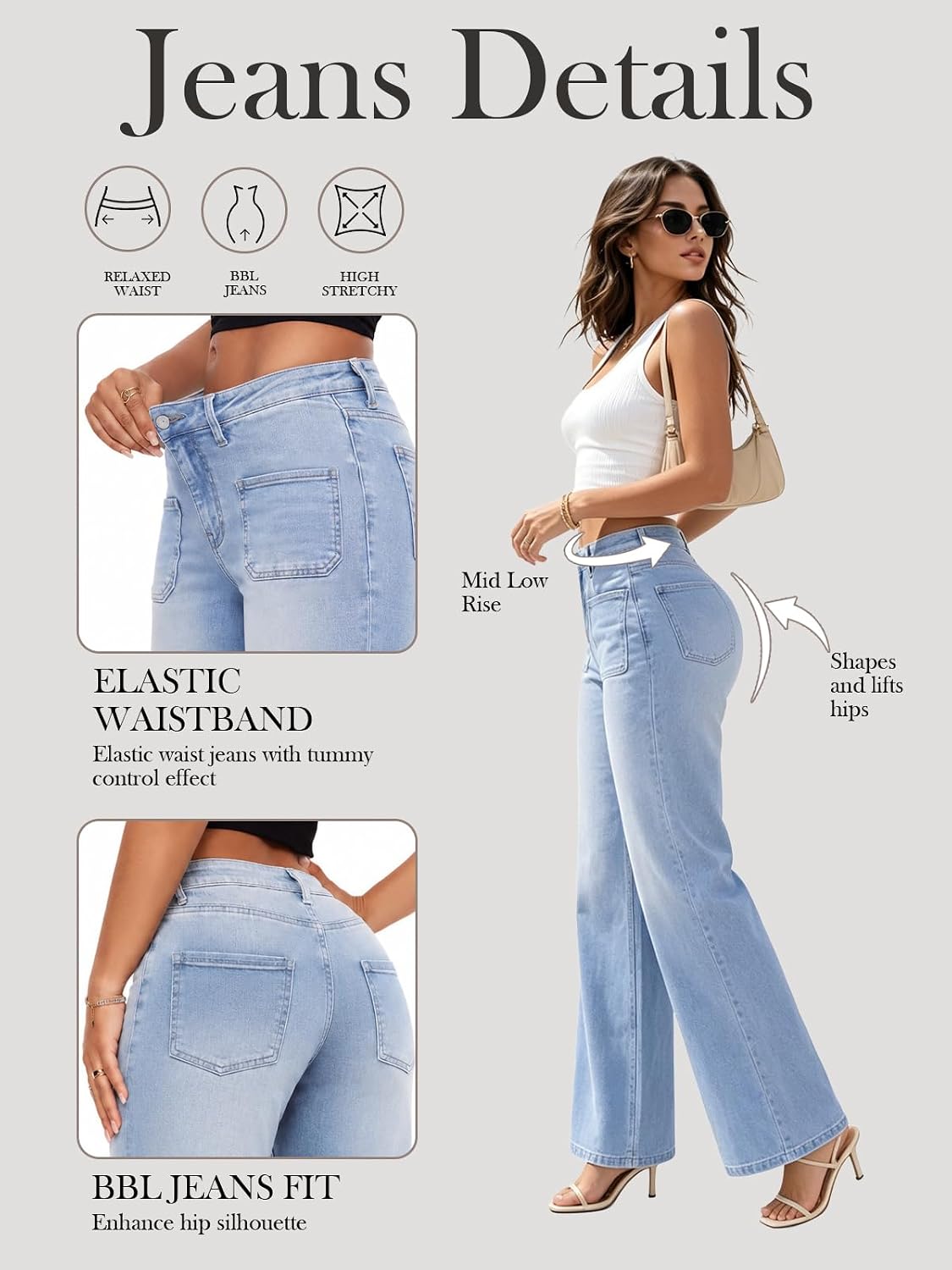 ONESO Wide Leg Jeans for Women Mid Low Rise Baggy Stretchy Denim Pants image 5