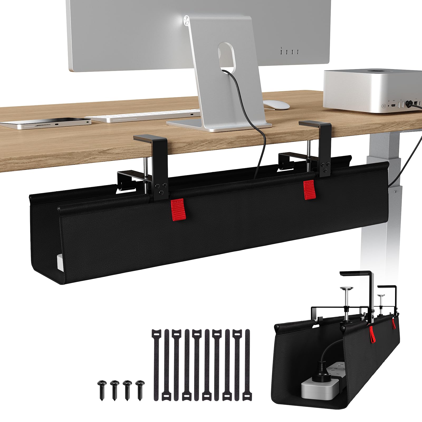 KEEGH No Drill Fabric Under Desk Cable Management Tray 28 in,Black | Clamp/Screw Mount, Supports Up to 70lbs, Fabric Wire Management Gaming/PC Cable Raceways, Cord Hiders for Office/Home Black Regular (28 Inch)