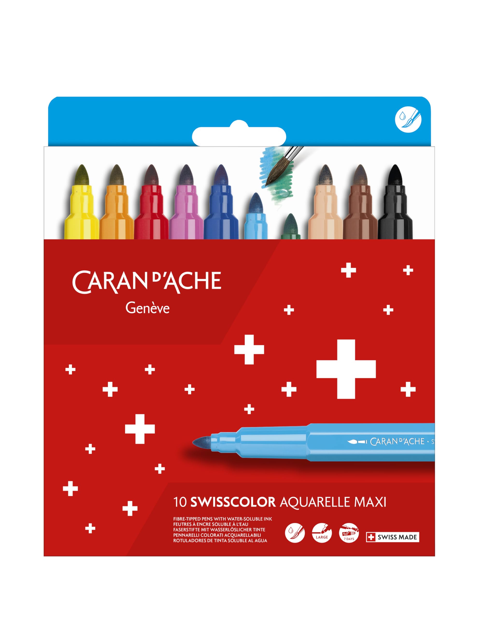 Caran D'ache Swisscolor 10 Assorted Water-Soluble Fibre Felt Pens - Carded Set - Assorted Colours