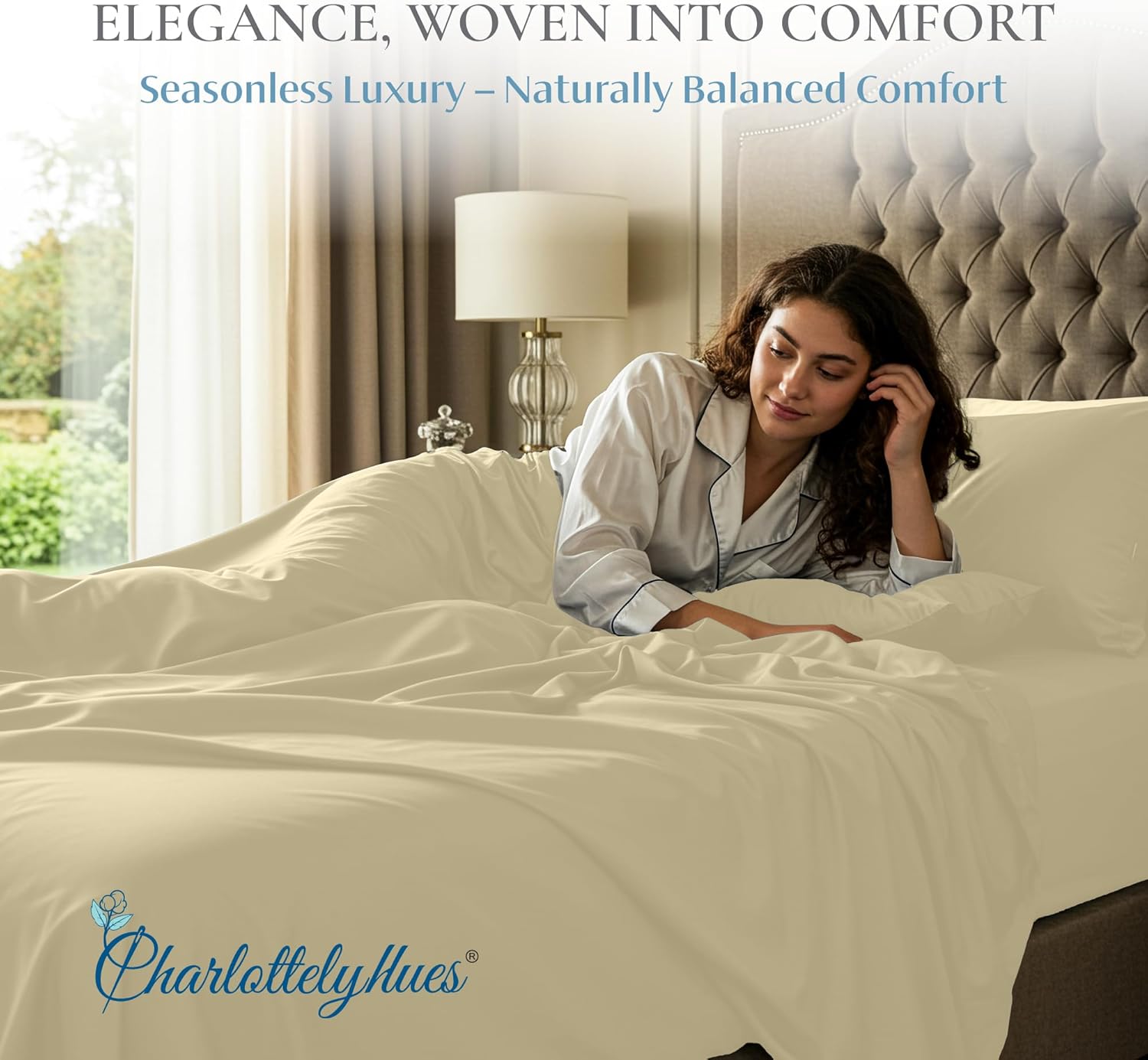 Charlotte 1000 Thread Count Sheet Set 4 Piece 100% Egyptian Cotton Hotel Luxury Breathable Soft Snug Fit Sateen Finish Bed Sheets Fits Upto 18" Mattress (Ivory, King)