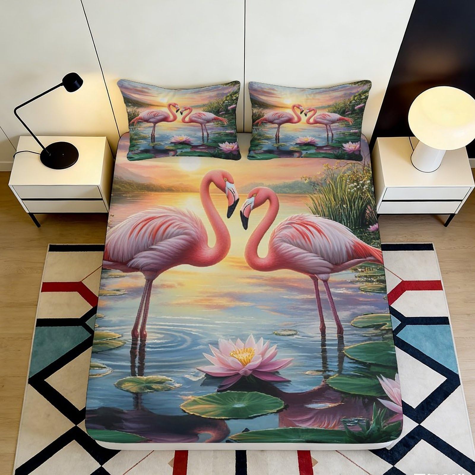 3D Printed Flamingo Sunset Fitted Sheet Microfiber Non-Slip Bed Cover for Bedroom Guest Room Easy Care Decor 90x200x25cm