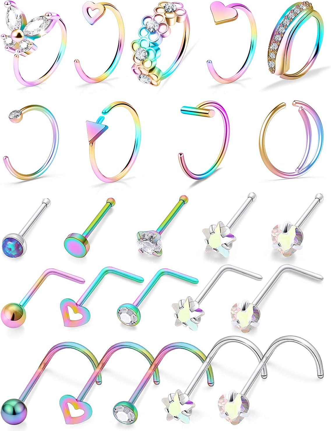 20g Nose Rings Studs Hoops Piercings Jewelry for Women Hypoallergenic Black Rainbow Surgical Steel Straight Corkscrew l Shaped Bars