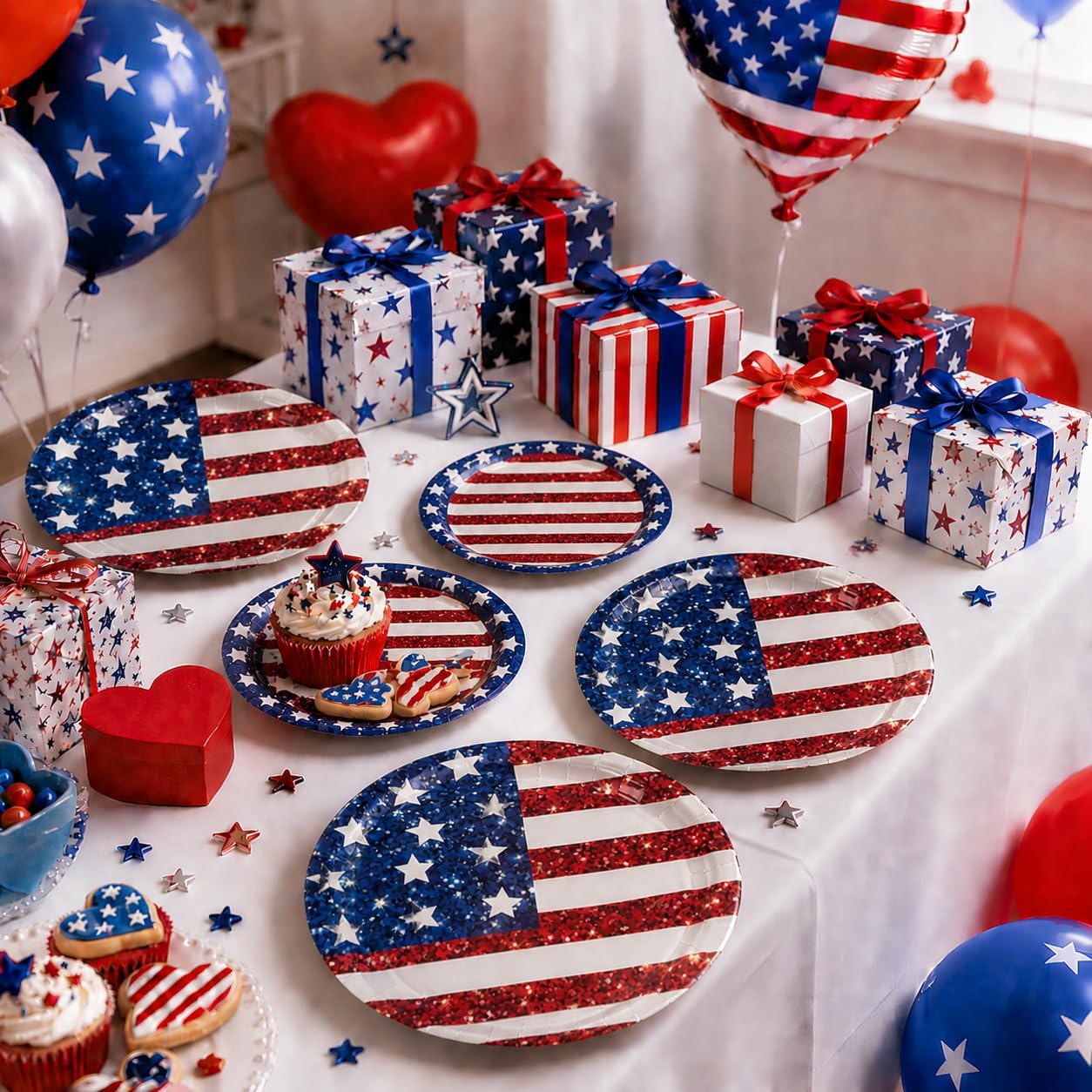 4th of July Glitter Plates and Napkins Set, 75PCS Patriotic Disposable Party Tableware, Red White and Blue Sparkle Dinner Plates, Dessert Plates and Napkins for Independence Day BBQ Party Supplies
