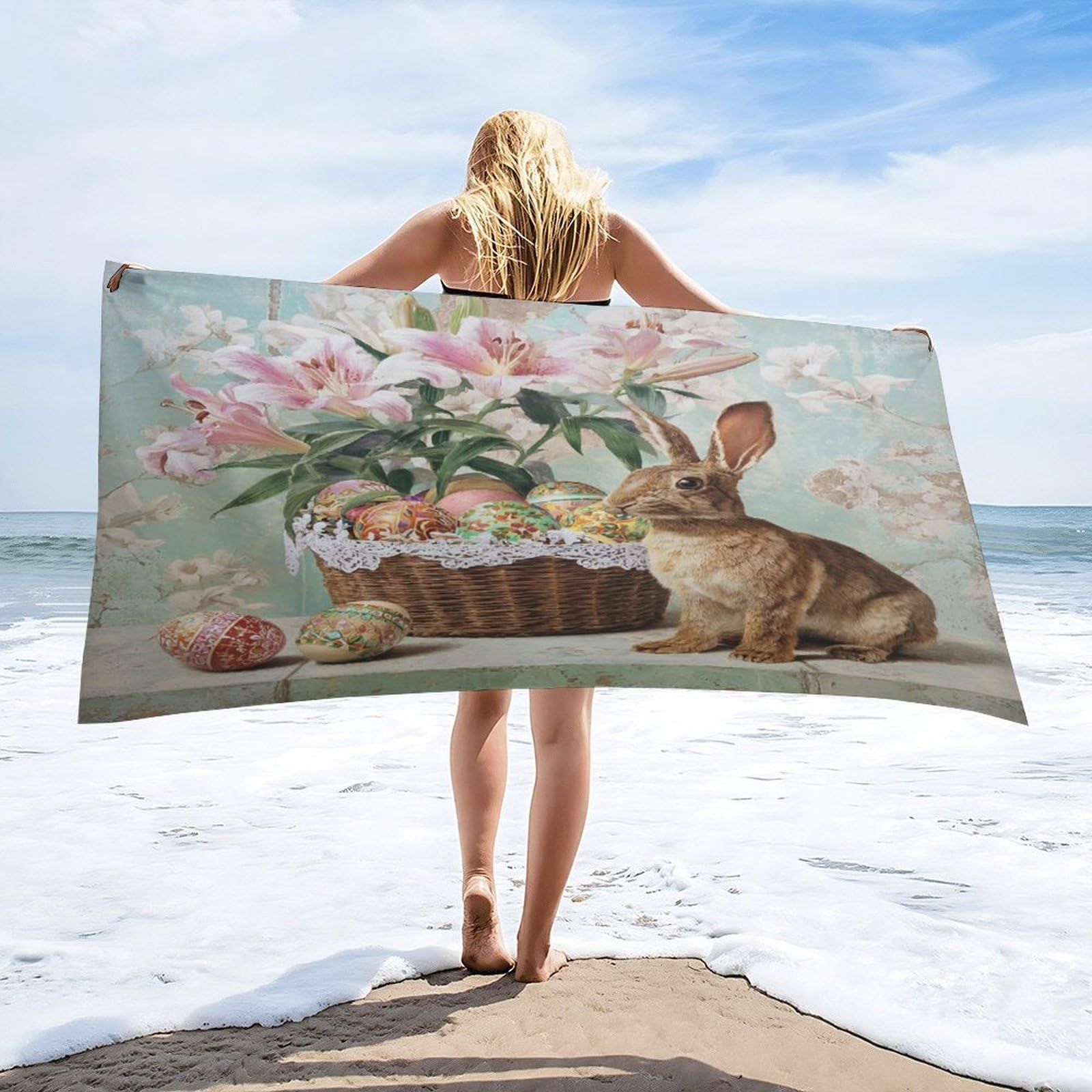 Luyysky Classic Aesthetic Cute Rabbit Absorbent Beach Towel, Vintage Art Easter Animal Bunny Plant Lilies Colorful Eggs Outdoor Single-Sided Velvet Beach Towel-80 W Cm X 160" L Cm