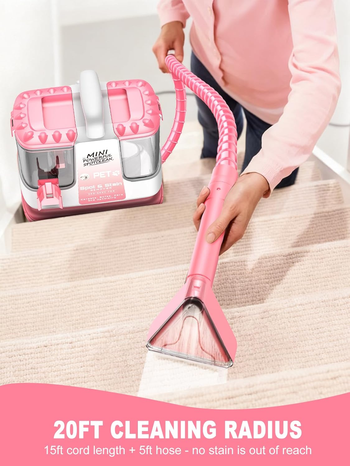 Carpet Cleaner Machine, 20Kpa Powerful Suction with 5 Cleaning Tools, Cleaning Solution, Car/Auto Detailer, Lightweight Compact Design for Rug, Carpet, Car Seats, Pets, Stairs, Couches,Pink