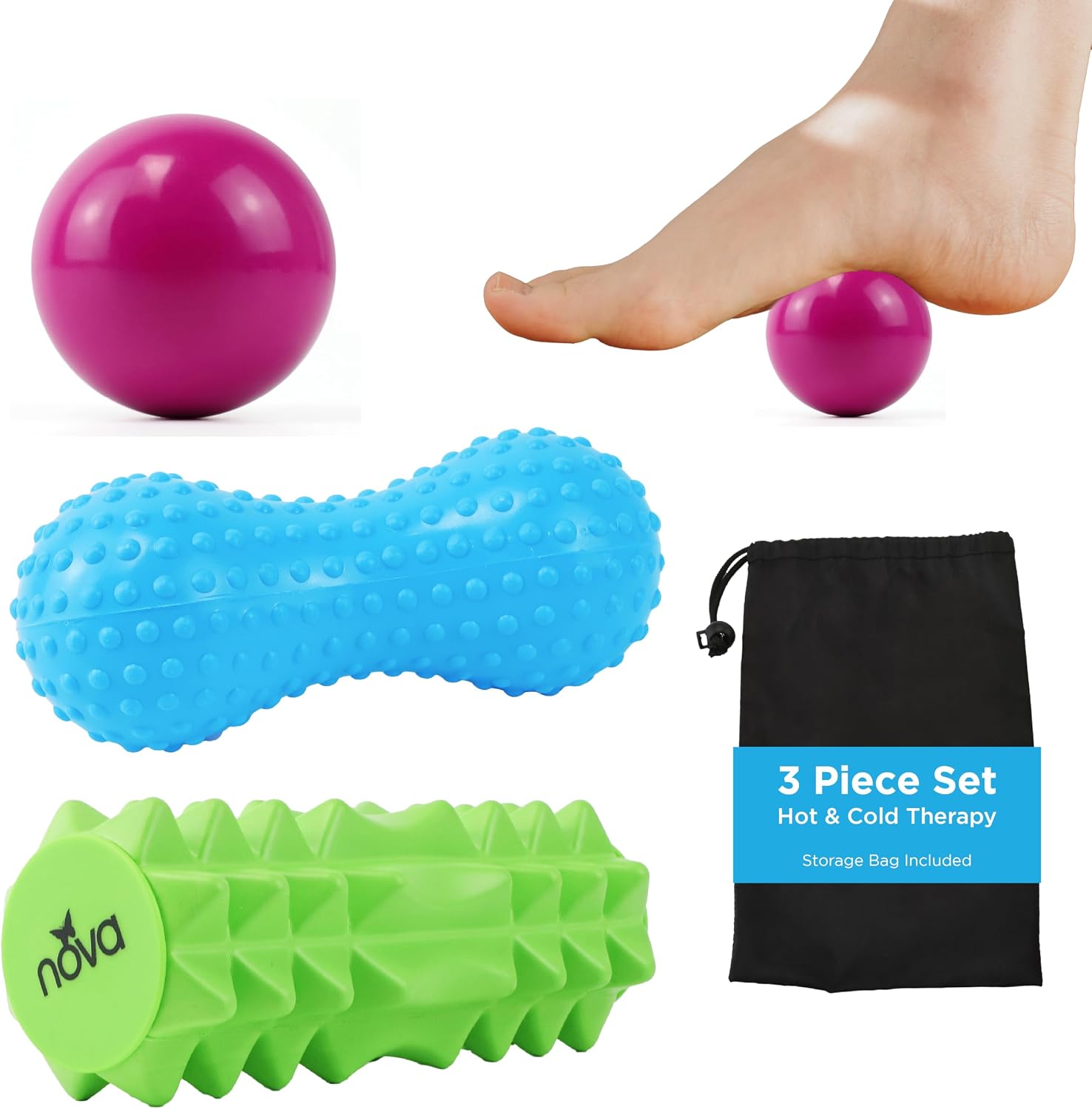 NOVA 3-in-1 Hot and Cold Massage Roller Set - Foot Roller, Gel Ball, and Peanut Roller for Plantar Fasciitis, Back Pain, Trigger Point Therapy - Deep Tissue Relief Kit with Travel Bag