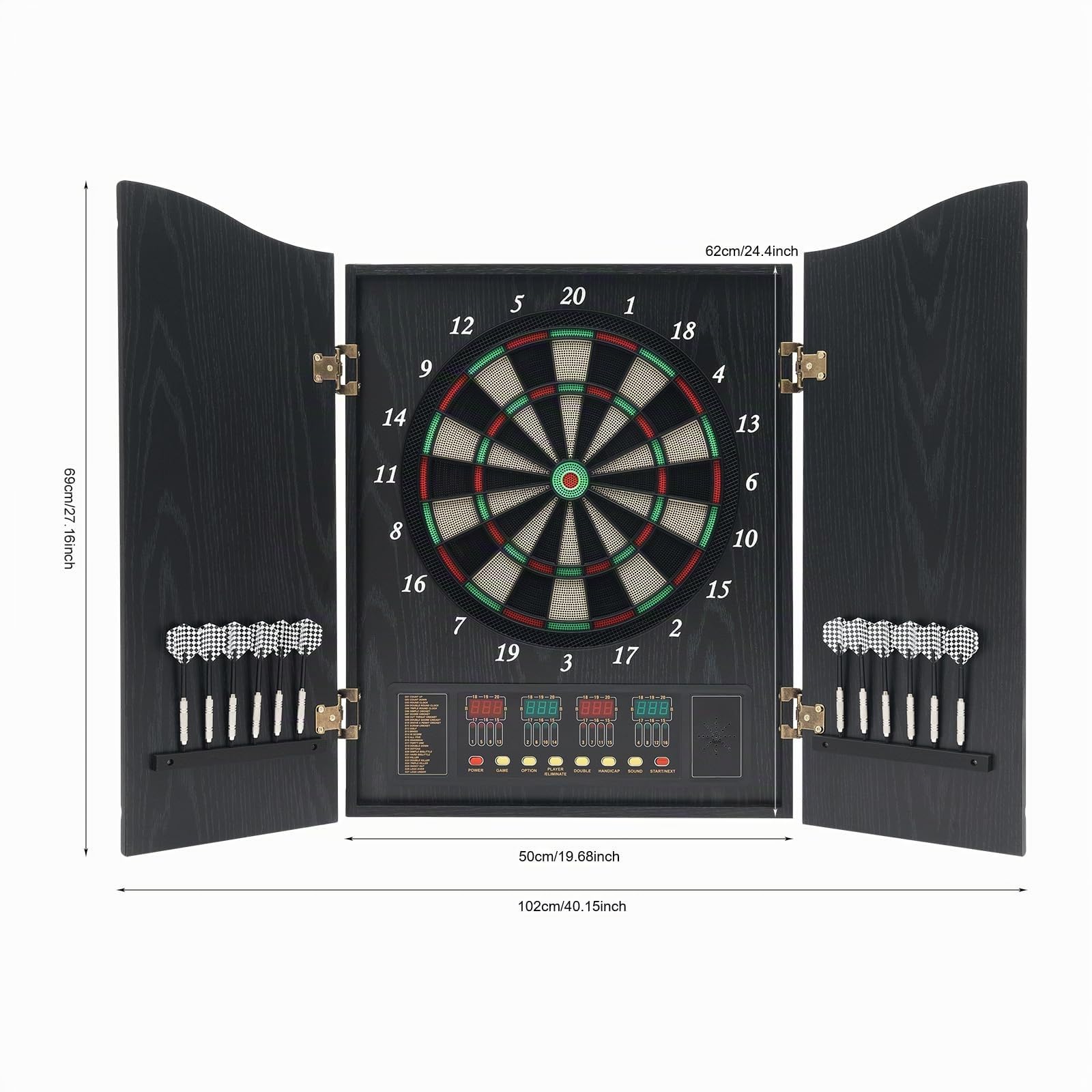 Jeux de Flechette Electronique,Cible de Fléchettes électronique avec Meuble en Bois Affichage LED,12 Fléchettes Jusqu'à 16 Joueurs,27 Jeux Différents, 243 Variantes de Jeu