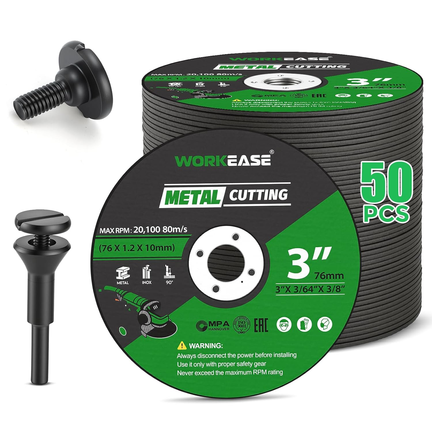 WORKEASE 3 Inch Cut Off Wheel, 50 Pack, 3" x 3/64" x 3/8" Metal Cutting Discs with 1/4" Mandrel for Die Grinder and Rotary Tool, Cut-Off Wheels for Stainless Steel