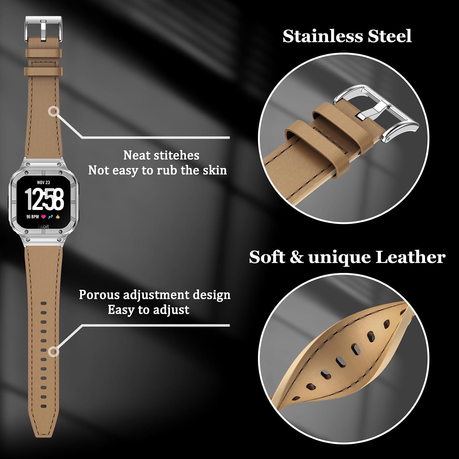 BAITEYOU Leather Bands with Stainless Steel Case Compatible with Fitbit Versa 1 2 3 4 Lite Sense 2 1 Protective case for men