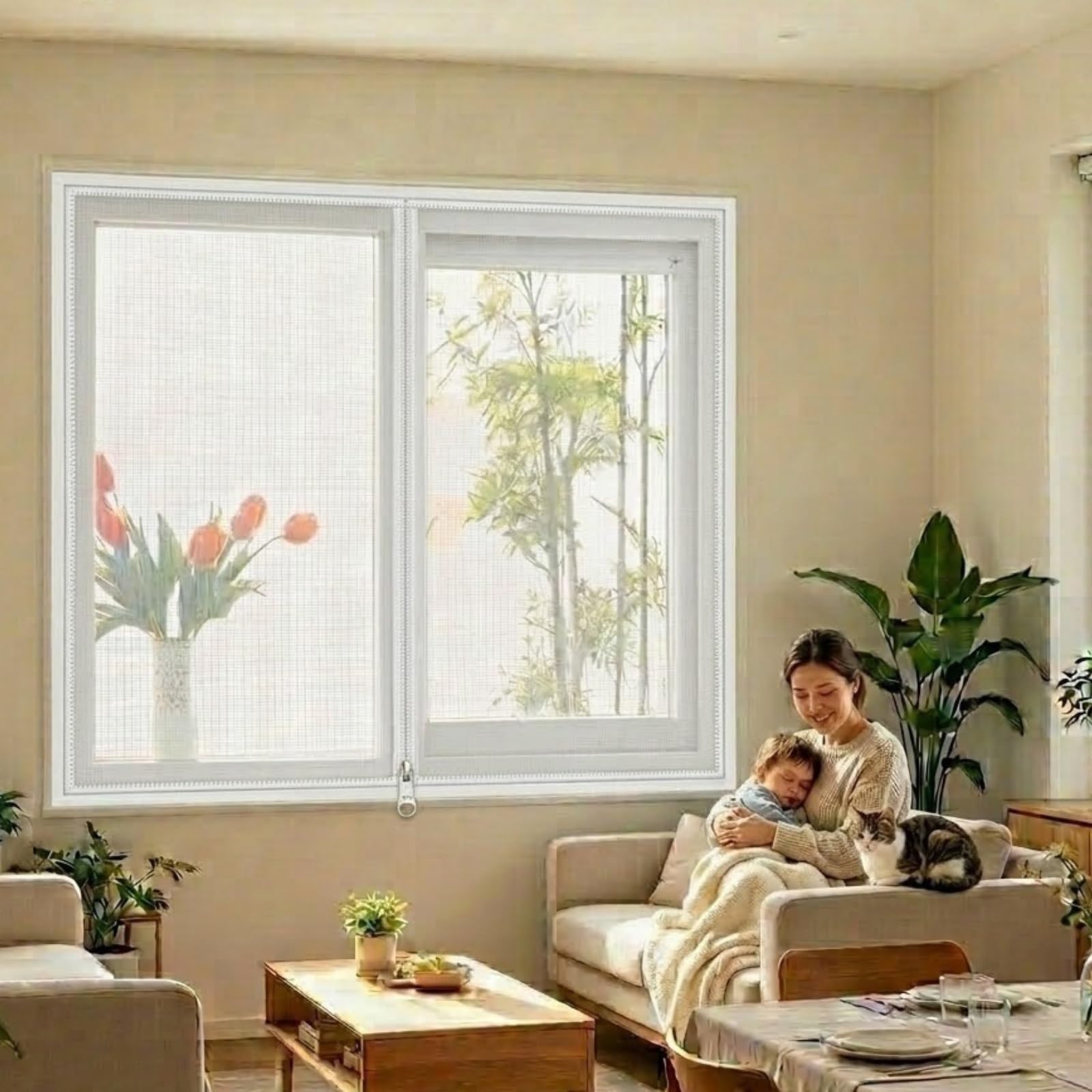 Zipper Version KING KONG MESH Window Screen, Mosquito Protection Self-Adhesive Window Screen For Balcony Classroom RV Doors For Pets, Washable White Black Mesh Curtain(White,110x140cm)