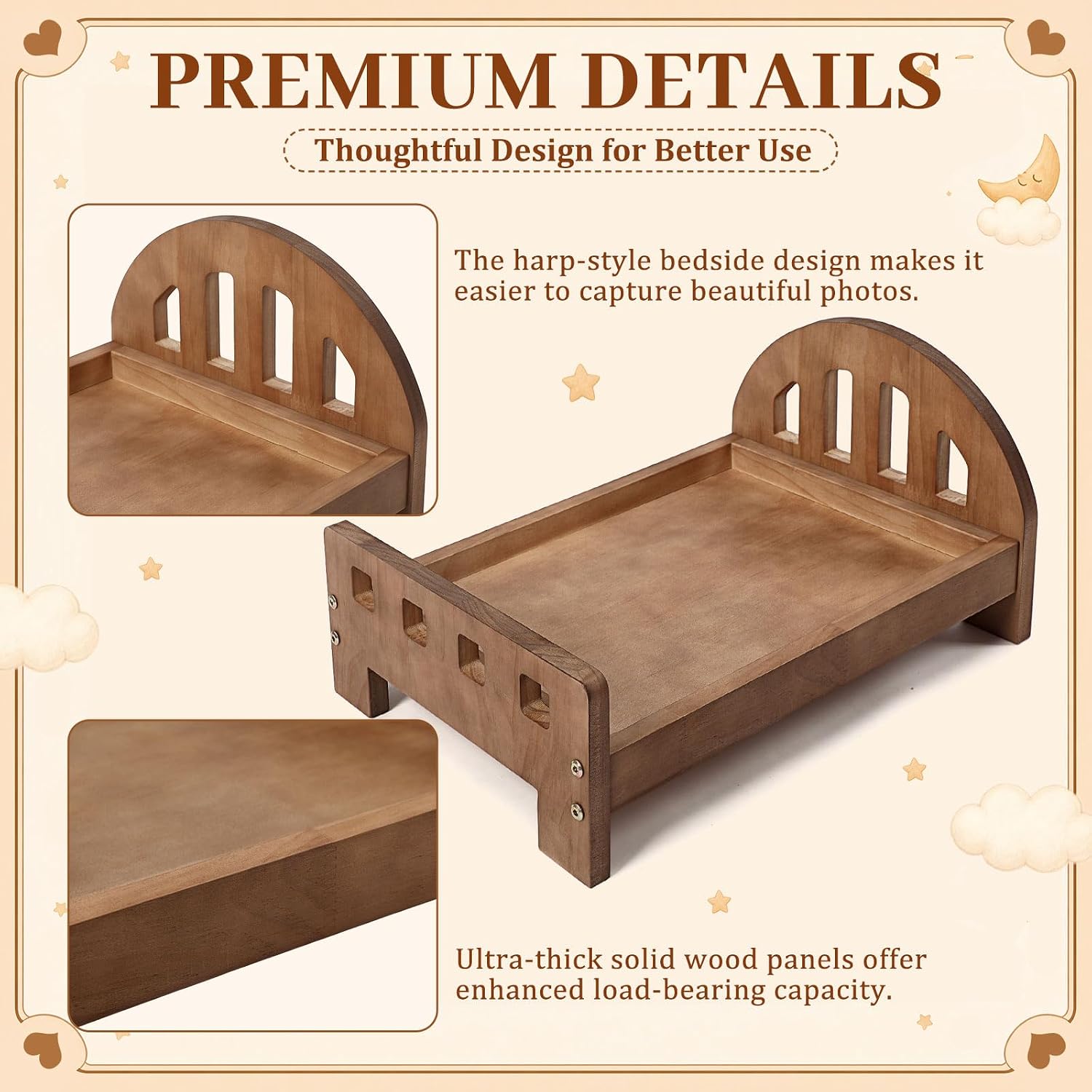 SiliFine Walnut Photography Props Bed, Mini Wooden Photography Bed