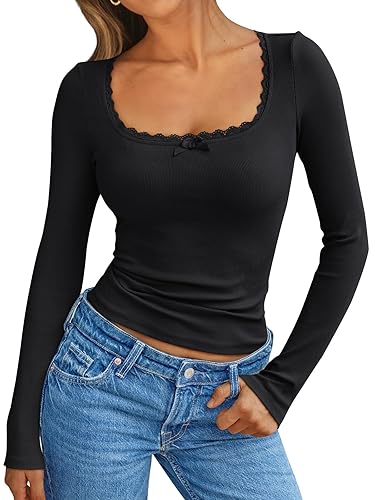 XS, Black, Long-sleeve Shirt, Scooped Rounded Neckline with Lace Trim