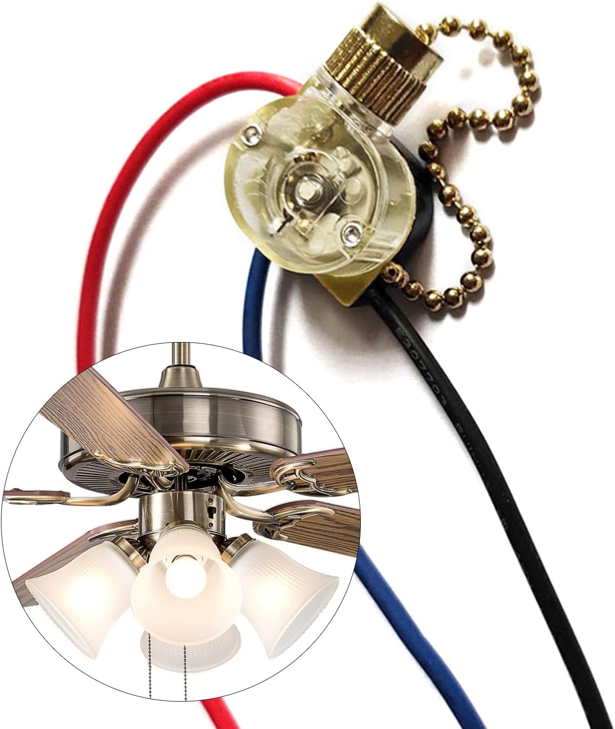 3-Wire Pull Chain Switch Beads Chain Wall Light Fan Ceiling Switch Replacement ​for Ceiling Fan Desk Antique Lamps Metal + Plastic