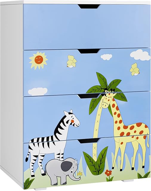 FOREHILL Children Cabinet Chest of 4 Drawers Kids Storage Cupboard Floor Stand Tidy Organizer Wooden with Giraffe Painted for Bedroom Living Room 60×40×83.5cm