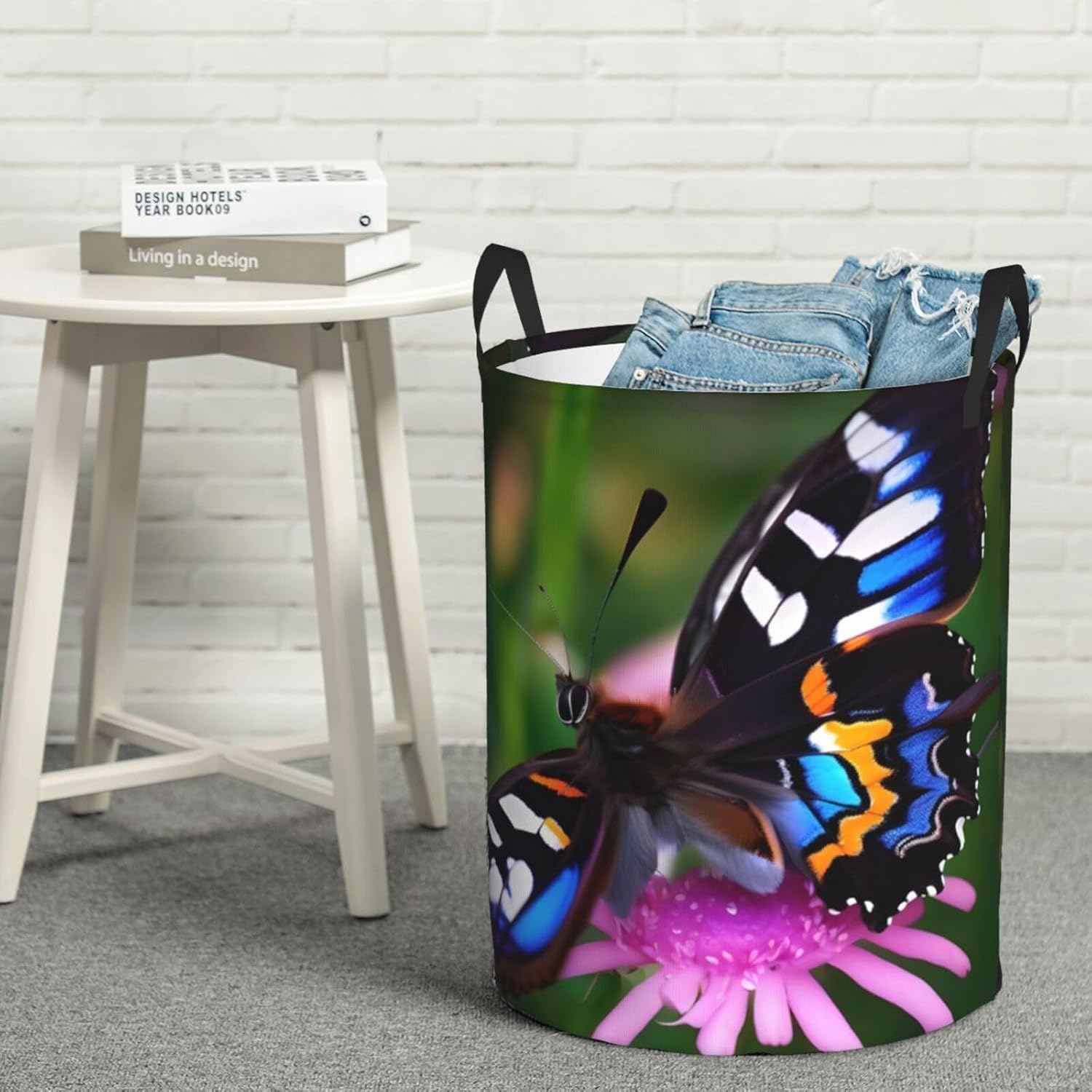 Colorful Butterfly Print Circular Protable Storage Bin,Basket For Laundry Hamper With Handles Bedroom Clothes