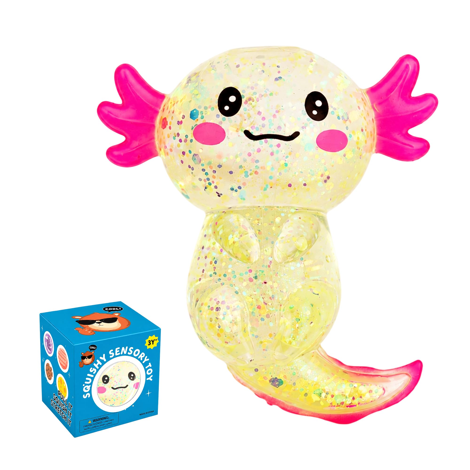 Axolotl Squishy Stress Relief Toy, Glitter Fidget Cute Axolotl Toy(Yellow)