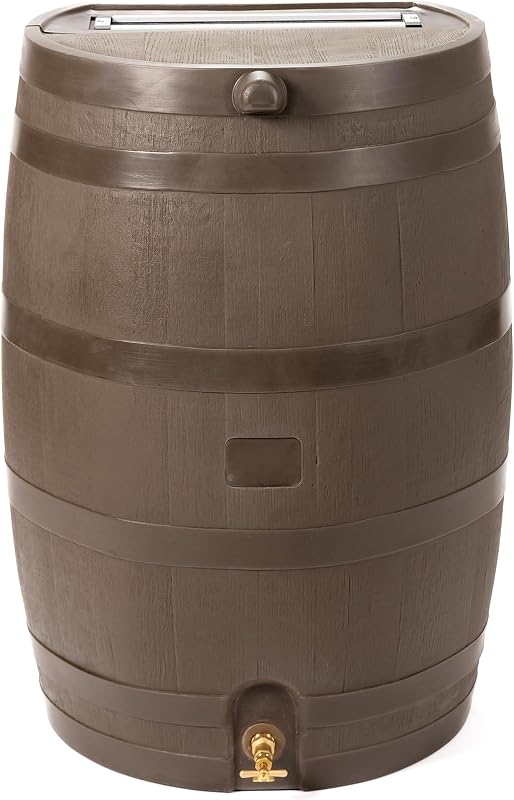 RTS Home Accents Barril de lluvia de 50 galones con espiga de latón, barril de recolección de agua de lluvia con parte trasera plana, color nogal