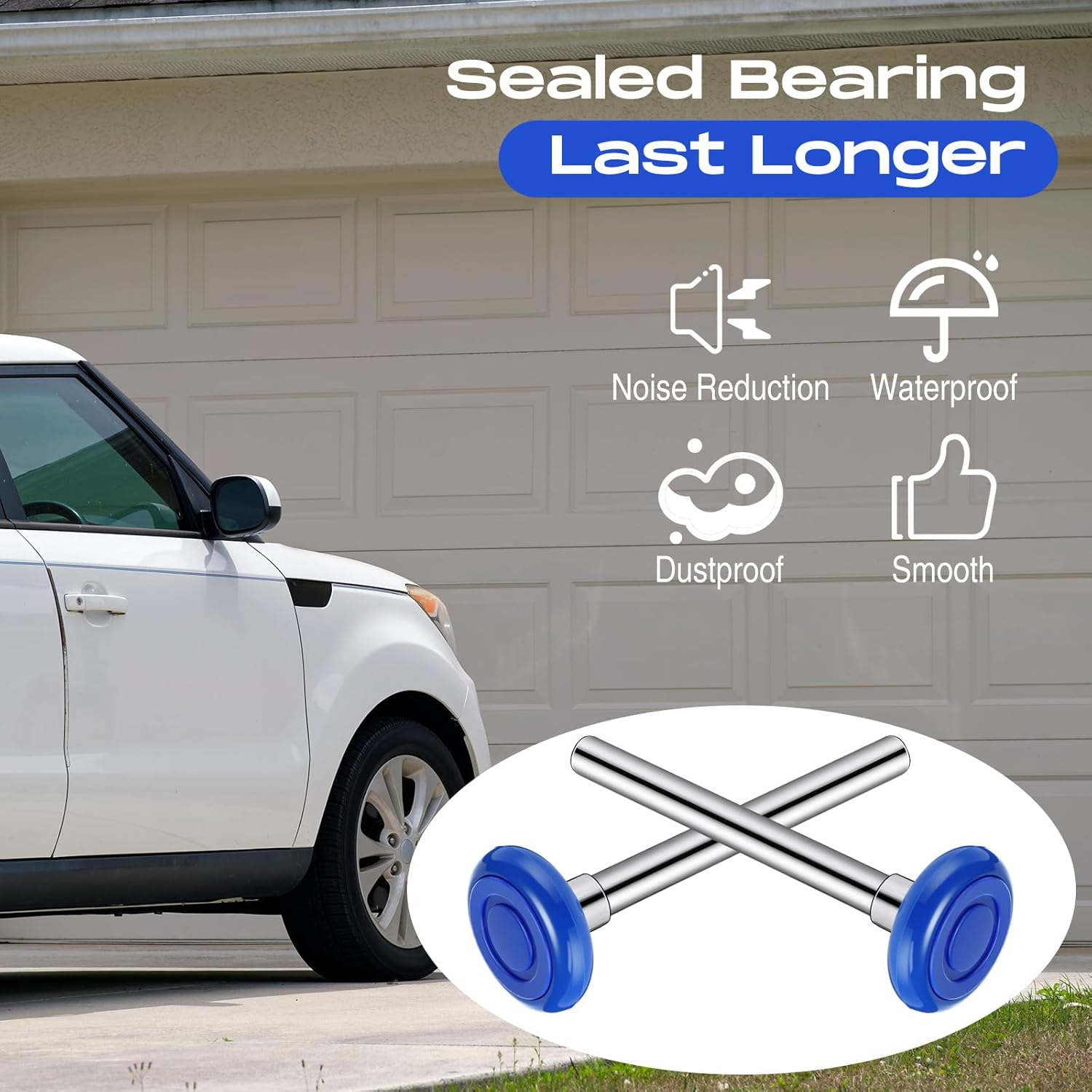 Funtery 24 Pack 2" Nylon Garage Door Rollers with Double Seal Cap 4" Stem, Quiet Smooth Garage Door Wheels Replacement, 6200 ZZ Double Seal Precision Bearings (Blue)