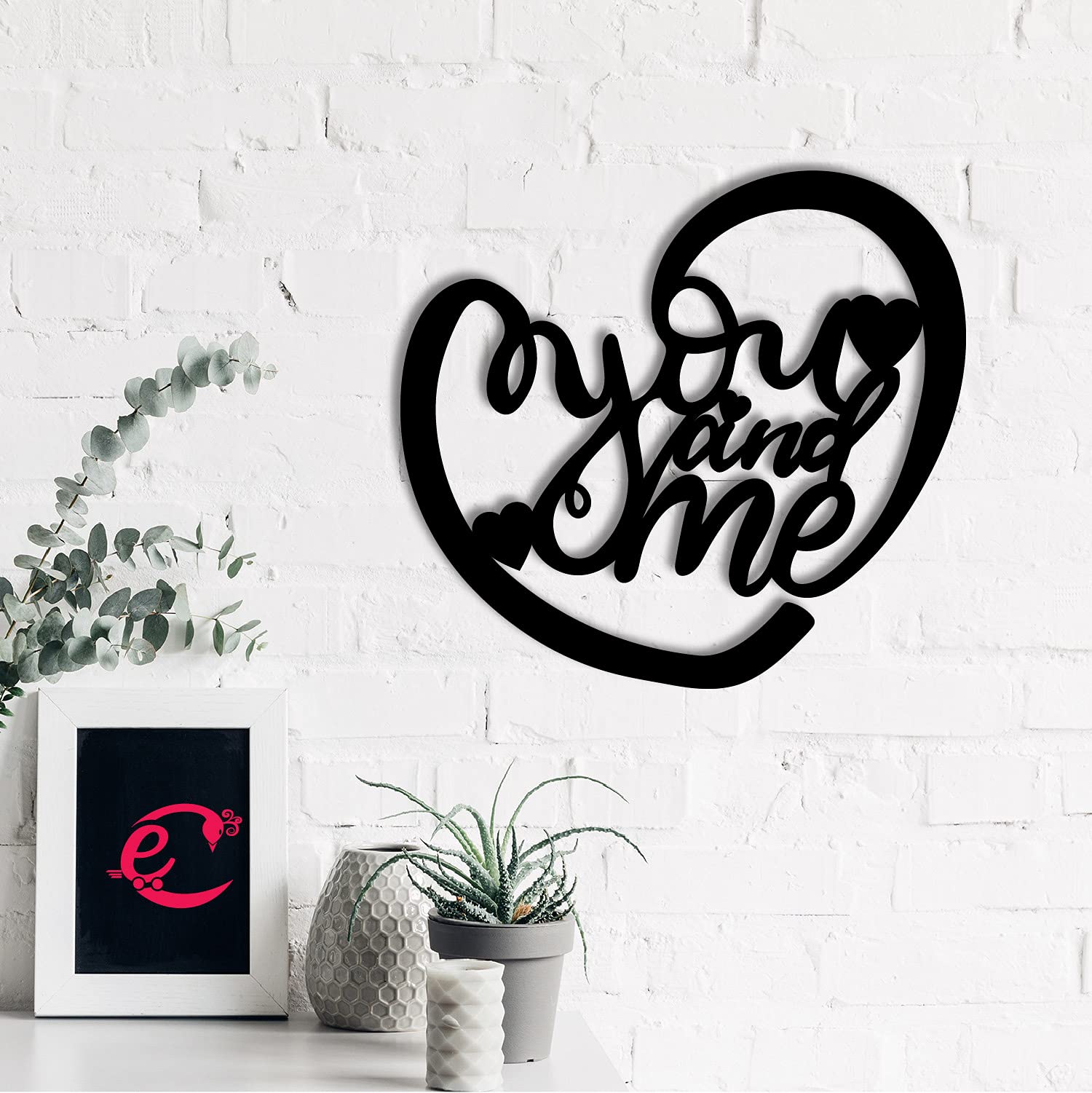 eCraftIndia Heart Shaped "You and Me" Love Quote Black Engineered Wood Cutout Wall Art Decor - Ideal Gift for Anniversary Or Wedding - Romantic Wall Hanging for Bedroom Or Living Room