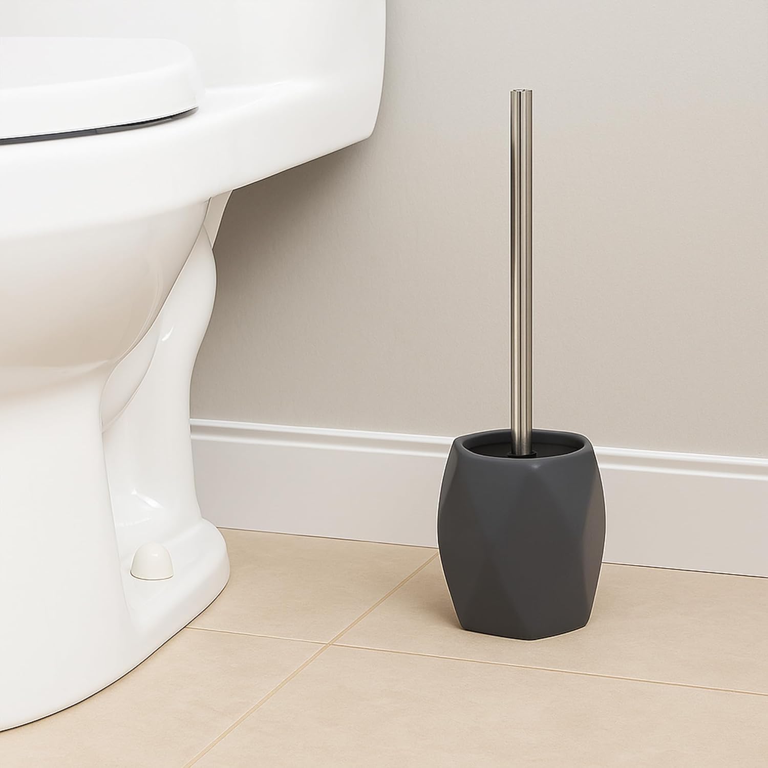 Bath Toilet Bowl Brush and Holder Diamond Stoneware Black