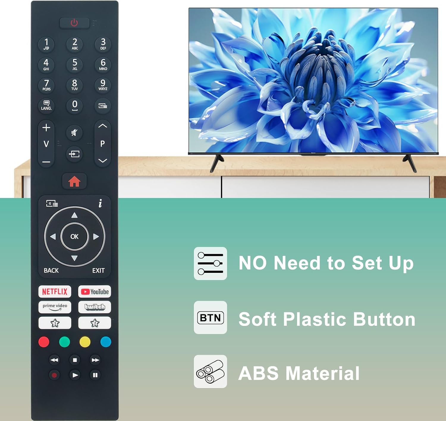 VINABTY RC45135P remote control next to a television, illustrating no setup is required.