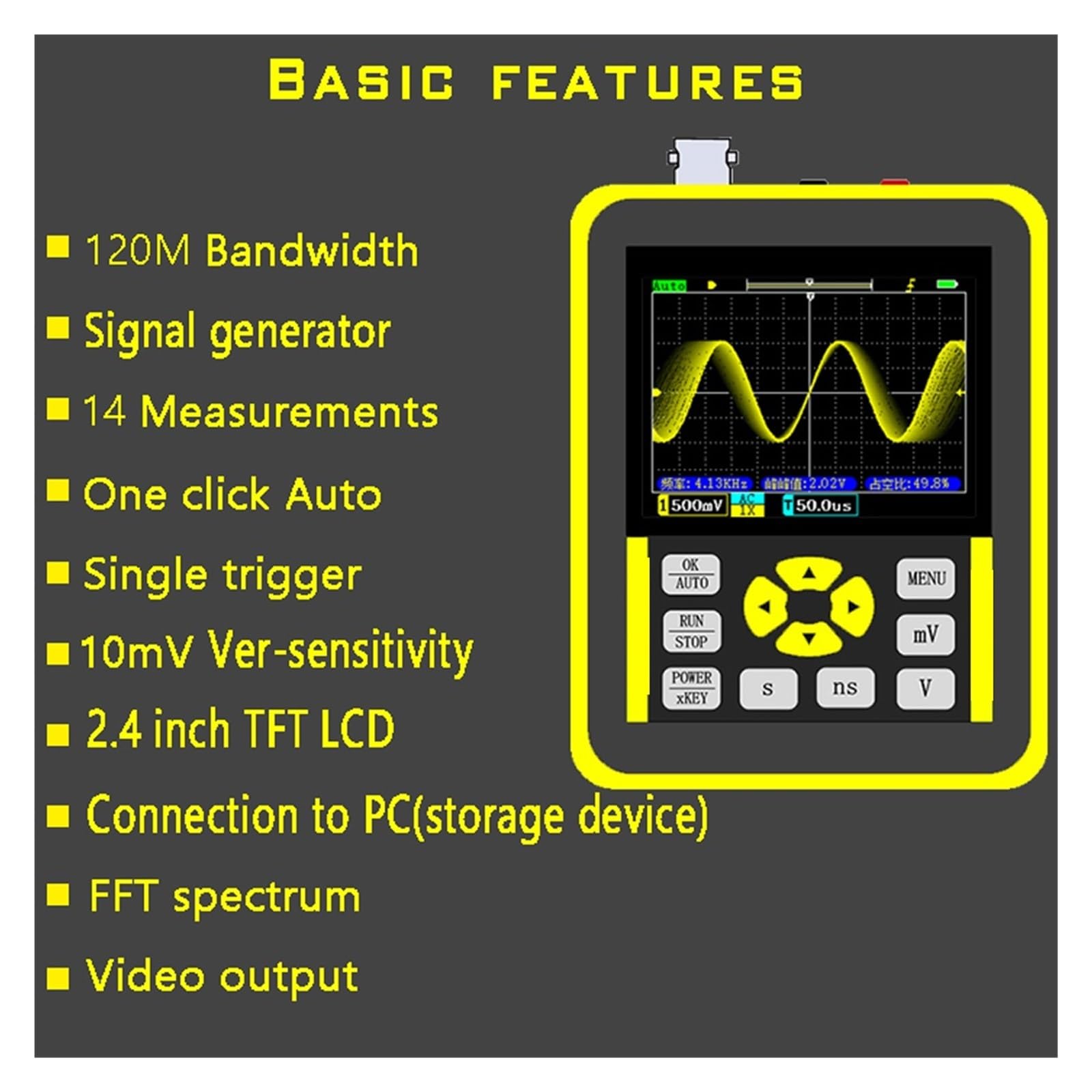 Oscilloscope numérique 120M de bande passante, Oscilloscope double canal 10mV, sensibilité verticale minimale, analyse du spectre FFT Identification rapide