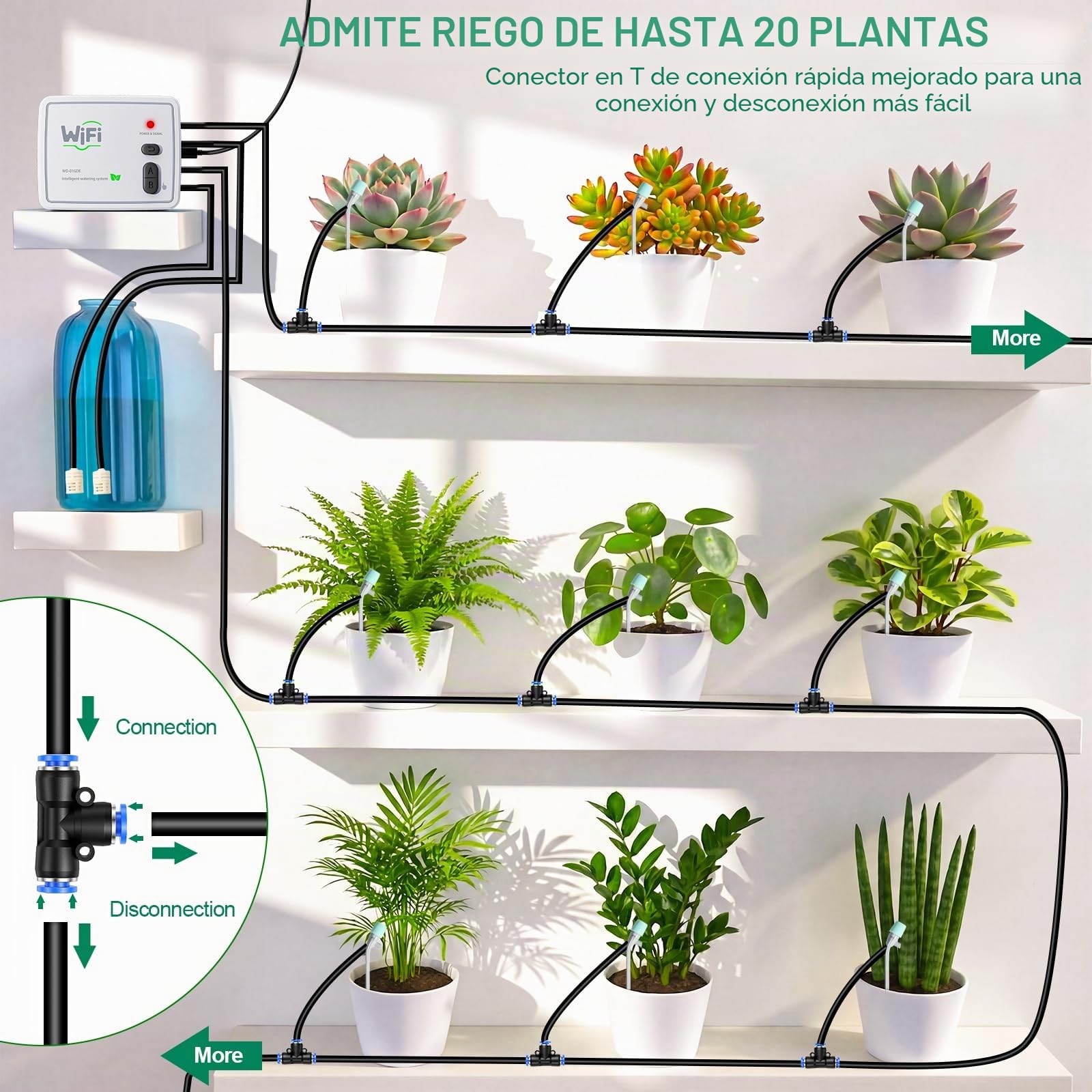 Sistema de Riego Automático de Doble Canal WiFi, para 20 Plantas en Maceta | Control Remoto vía Aplicación, kit de Riego por Goteo, Dispositivos de Riego, para Plantas de Balcón, Terraza o de Interior